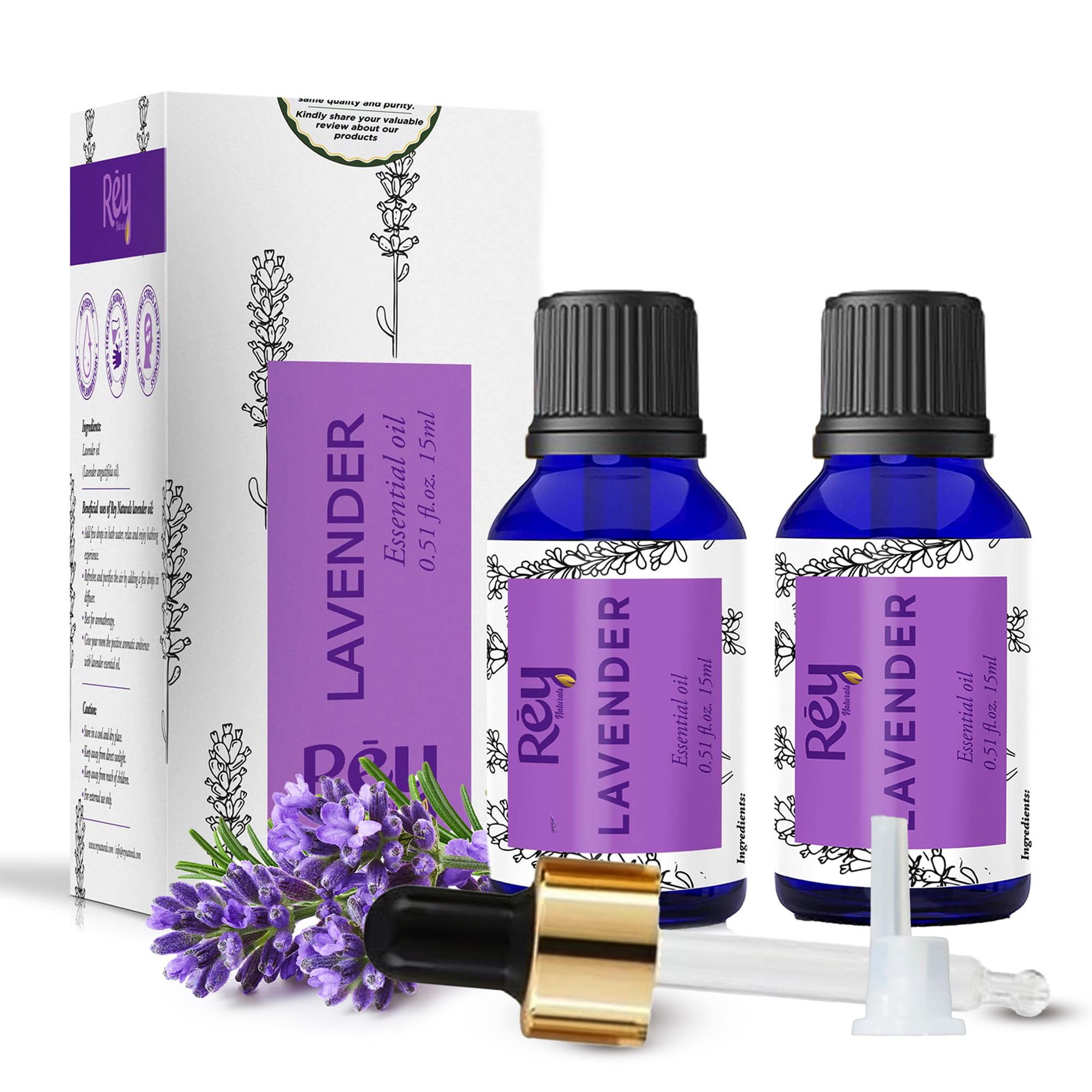 Rey Naturals Lavender Essential Oil For Hair Growth | Lavender Essential Oil For Skin | Undiluted Lavender Oil For Hair, Skin, Diffuser With Glass Dropper | Aromatherapy Diffuser Oil - 15ml(Pack Of 2)
