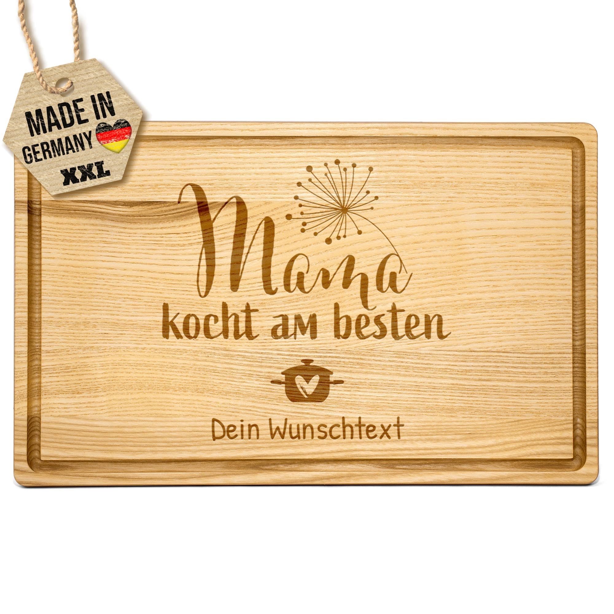 PR Print Royal Großes Holzbrett mit Gravur - Mama kocht am besten - mit Name - Personalisiertes Geschenk zum Geburtstag, Muttertag - Schneidebrett Eschenholz, 40 x 25 x 2 cm