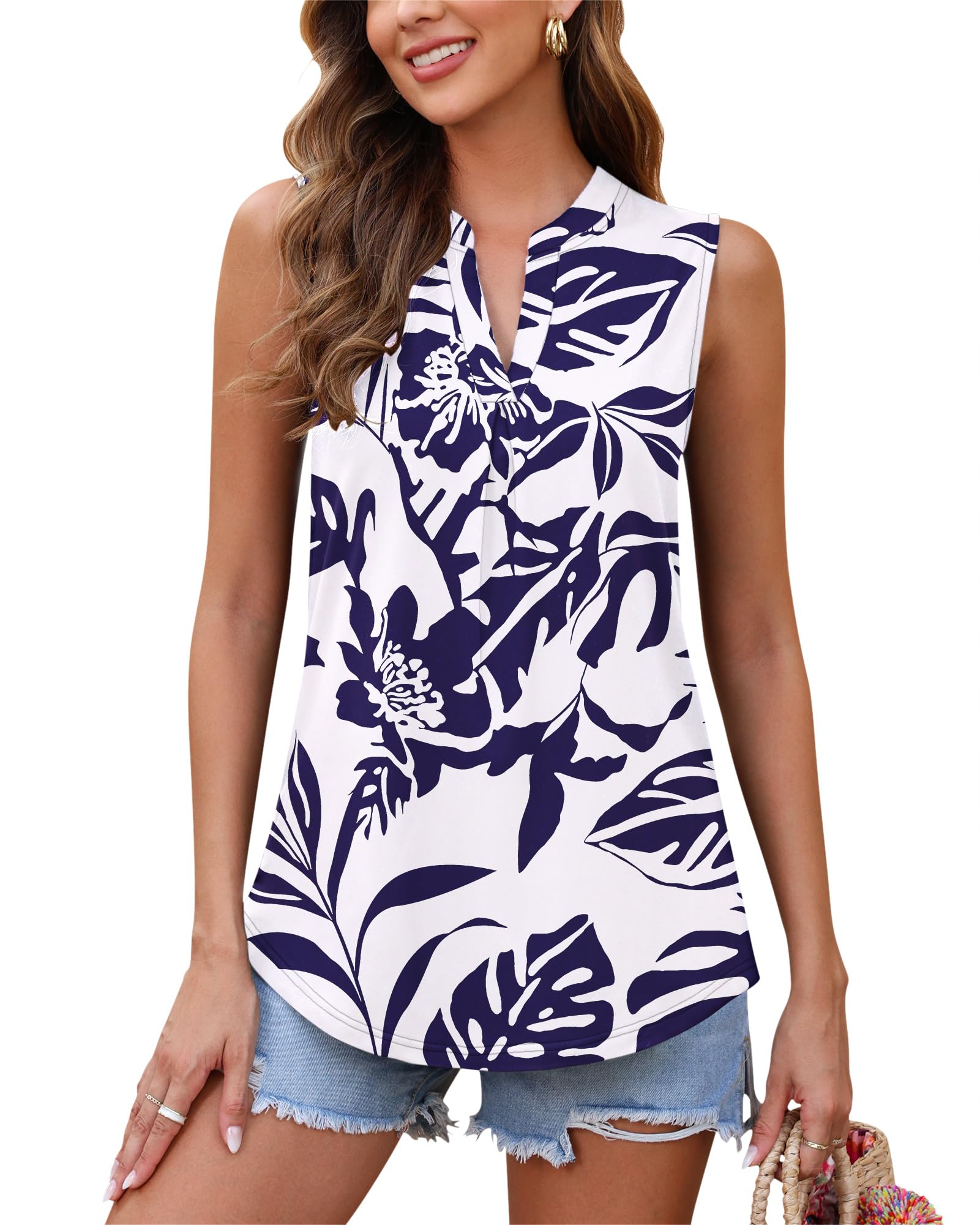 WNEEDU Womens Summer Tank Tops Causal Ladies Sleeveless V Neck Pleated Blouse Shirts 2025 New