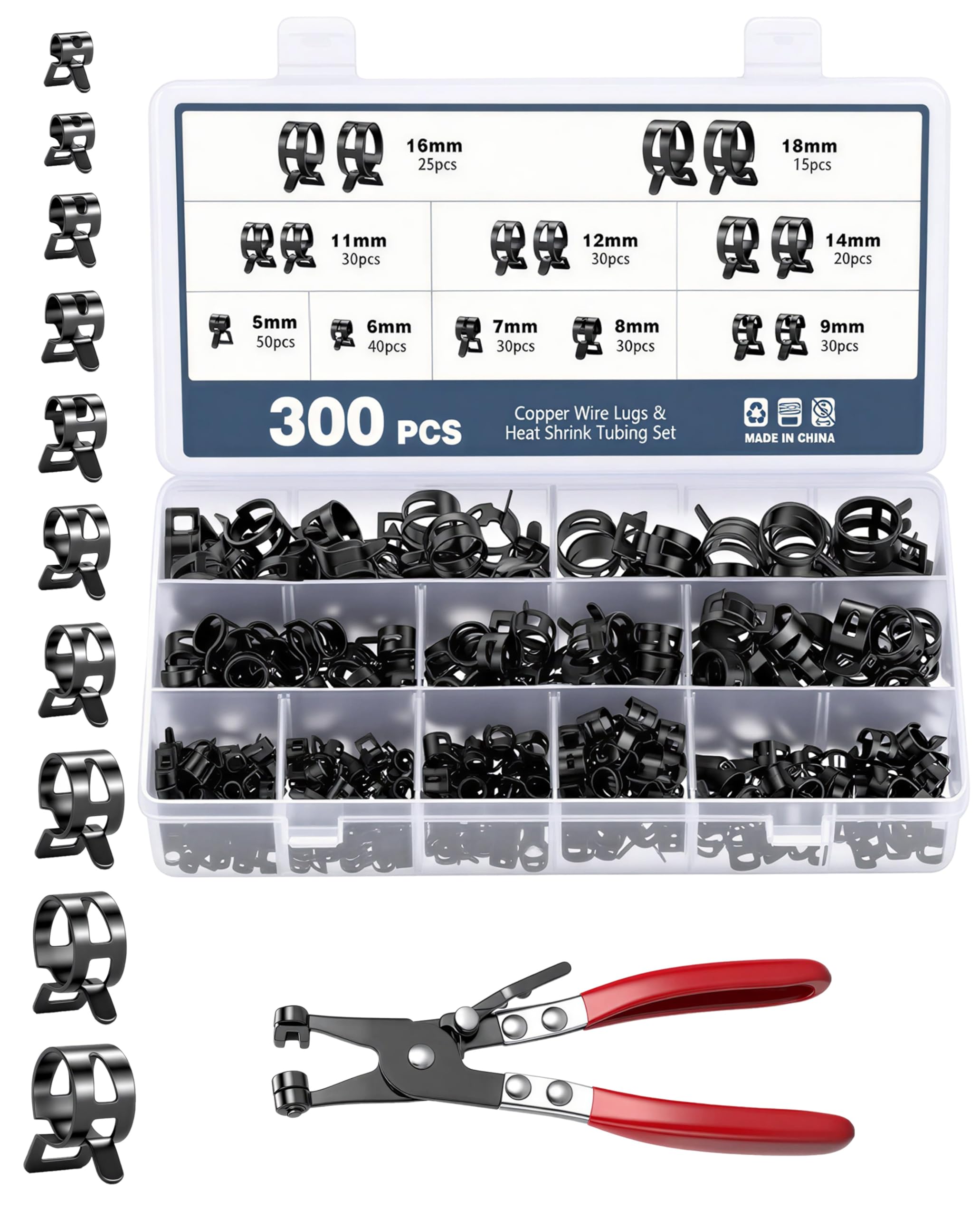 300 Pcs Collier de Serrage Durite, Kit Assortiment 5-18mm en Acier Zingué Haute Résistance avec Pince Spéciale, Collier à Ressort pour Tuyau Carburant, Moto, Voiture, Tuyau d'Arrosage