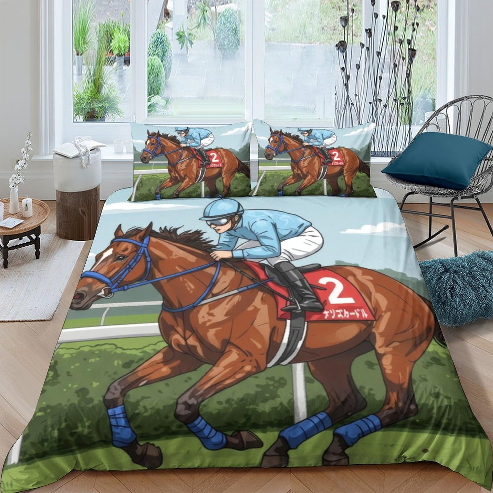 GPLZQXKJNH 3D Printed Racehorse Duvet Cover Microfiber Soft Breathable Jockey Horse Racing Bedding Set with 2 Pillowcases for Bedroom Home Decor Single（135x200cm）