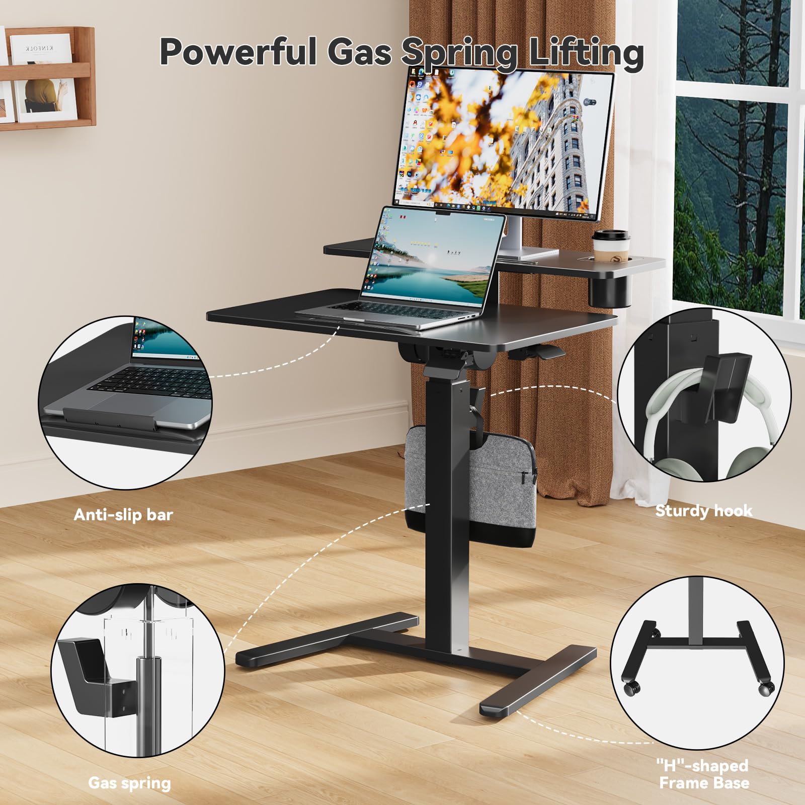 28Inch Rolling Standing Desk On Wheels Small Computer Workstation Adjustable Height Mobile Laptop Stand with Tiltable Desktop 2-Tier — view 5