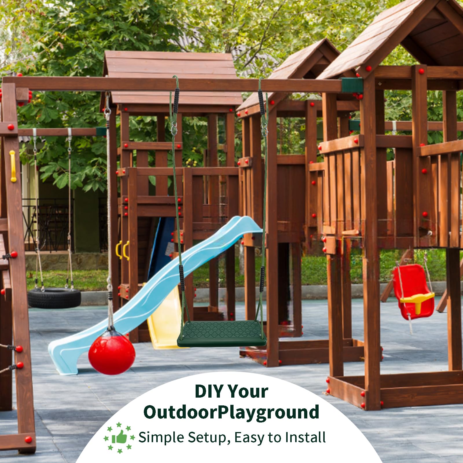 Heavy Duty Swing Seat, Non Slip Tree Swing Set with Adjustable Rope, Playground Swing Set Accessories for Kid Indoor Outdoor Backyard (Green)