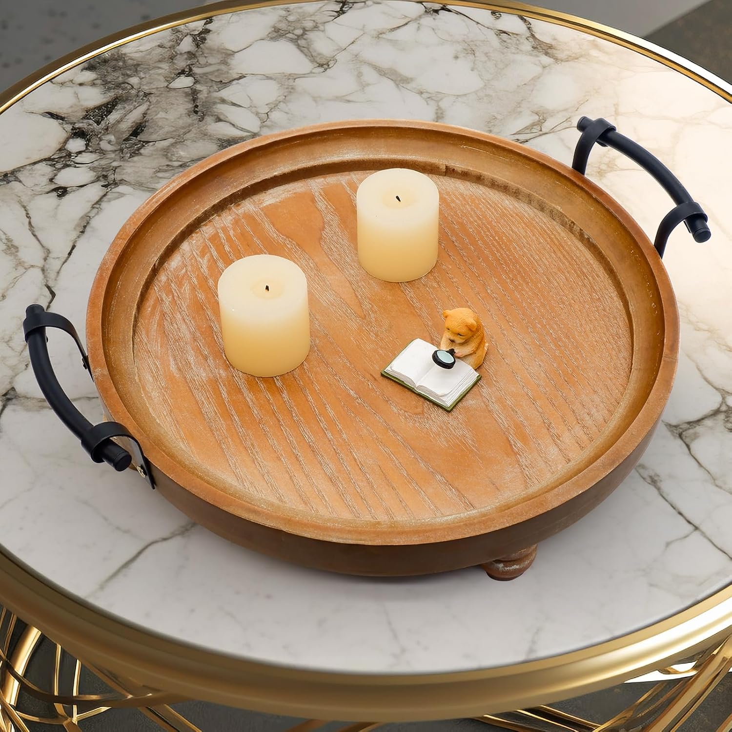 Wooden Decorative Tray for Coffee Table, Round Wood Serving Tray with Metal Handles, 13 Inch Rustic Wood Trays for Tale Centerpiece, Home Kitchen Farmhouse Decor - Image 6