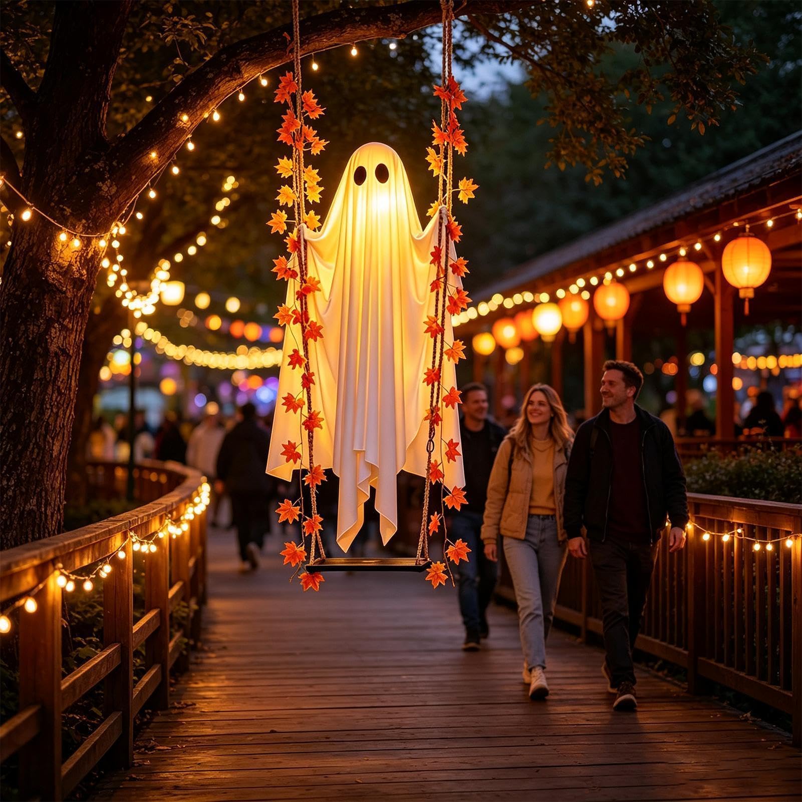 Fantasma di Halloween da Appendere su Altalena Decorazioni Esterno e Intern | Fantasma Luminoso Grande 120cm con luco LED 8 Modalità e Telecomando per Giardino Portico Albero Festa