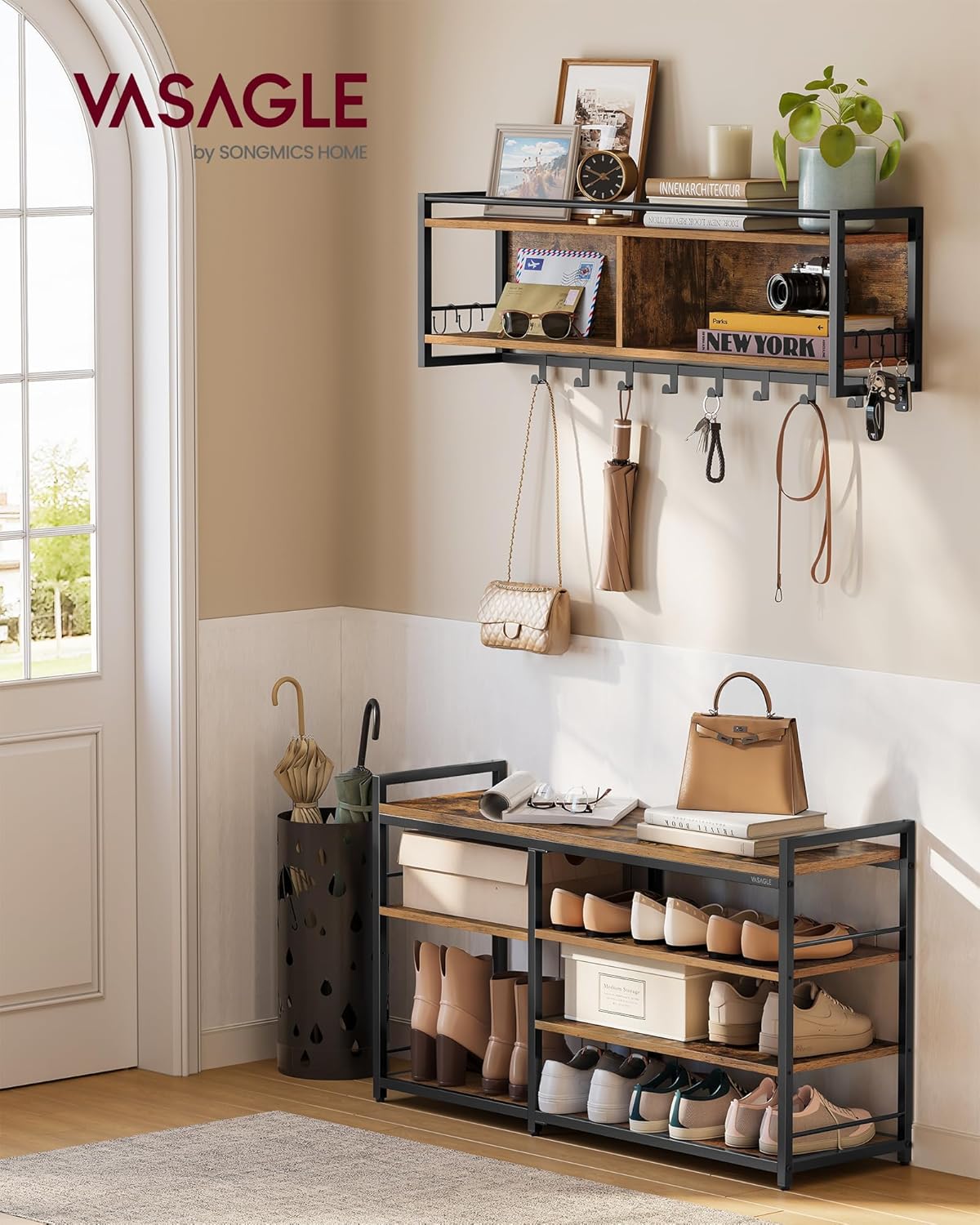 VASAGLE Hall Tree with Shoe Bench, Coat Rack Shoe Bench Set, Entryway Furniture, Multifunctional, 12 Metal Hooks, 4-Tier Shoe Rack, for Entryway, Bedroom, Rustic Brown ULSB108K01 Rustic Brown 39.4"W x 22.2"H image 2 of 7 B0DJ9CJN1N