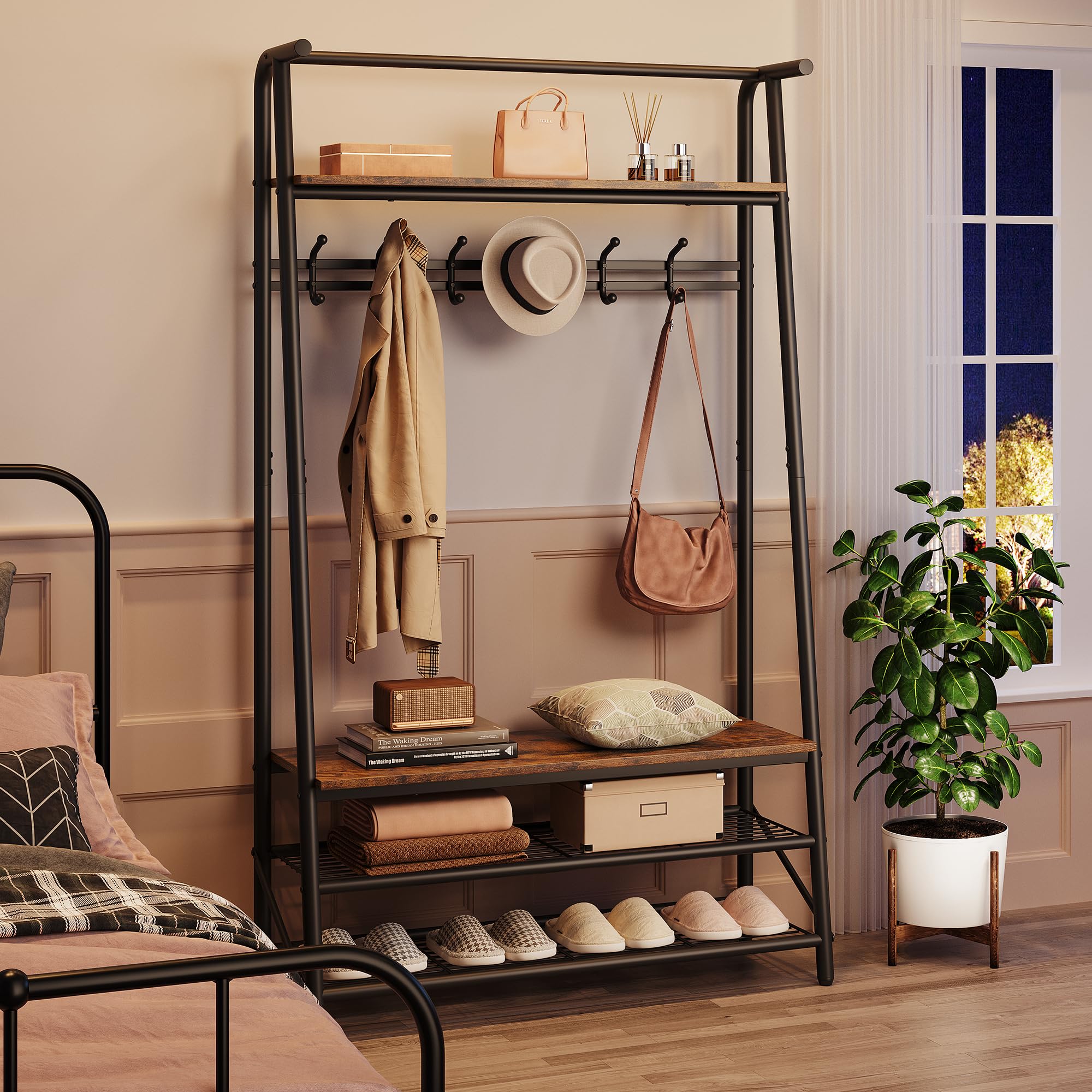 Aptliton Brown Modern Hall Tree With Bench, Single Row Hook 100Cm W Coat Rack & 3-Tier Shoe Storage, Entryway Organizer With Metal Frame For Hallway, Front Door, And Bedroom