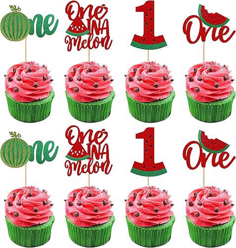 Rsstarxi Paquete de 24 adornos de sandía con purpurina para cupcakes uno en un melón, decoraciones para primer cumpleaños, baby shower, fiesta de