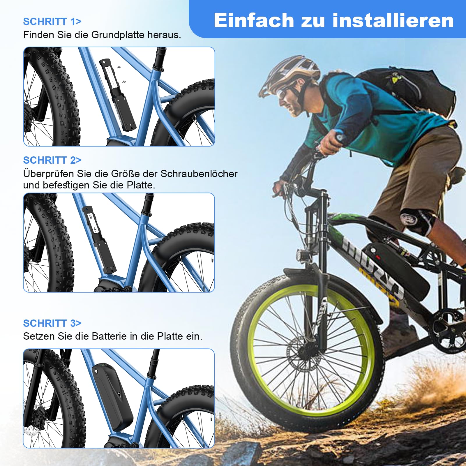 36V/48V Ebike Akku mit Smart BMS, E Bike Aakku mit Schnellladegerät im DE-Lager, Fahrrad Akku mit BMS und Zellen der Klasse A für 250–1500W Bafang und andere E-Bike-Umrüsträder