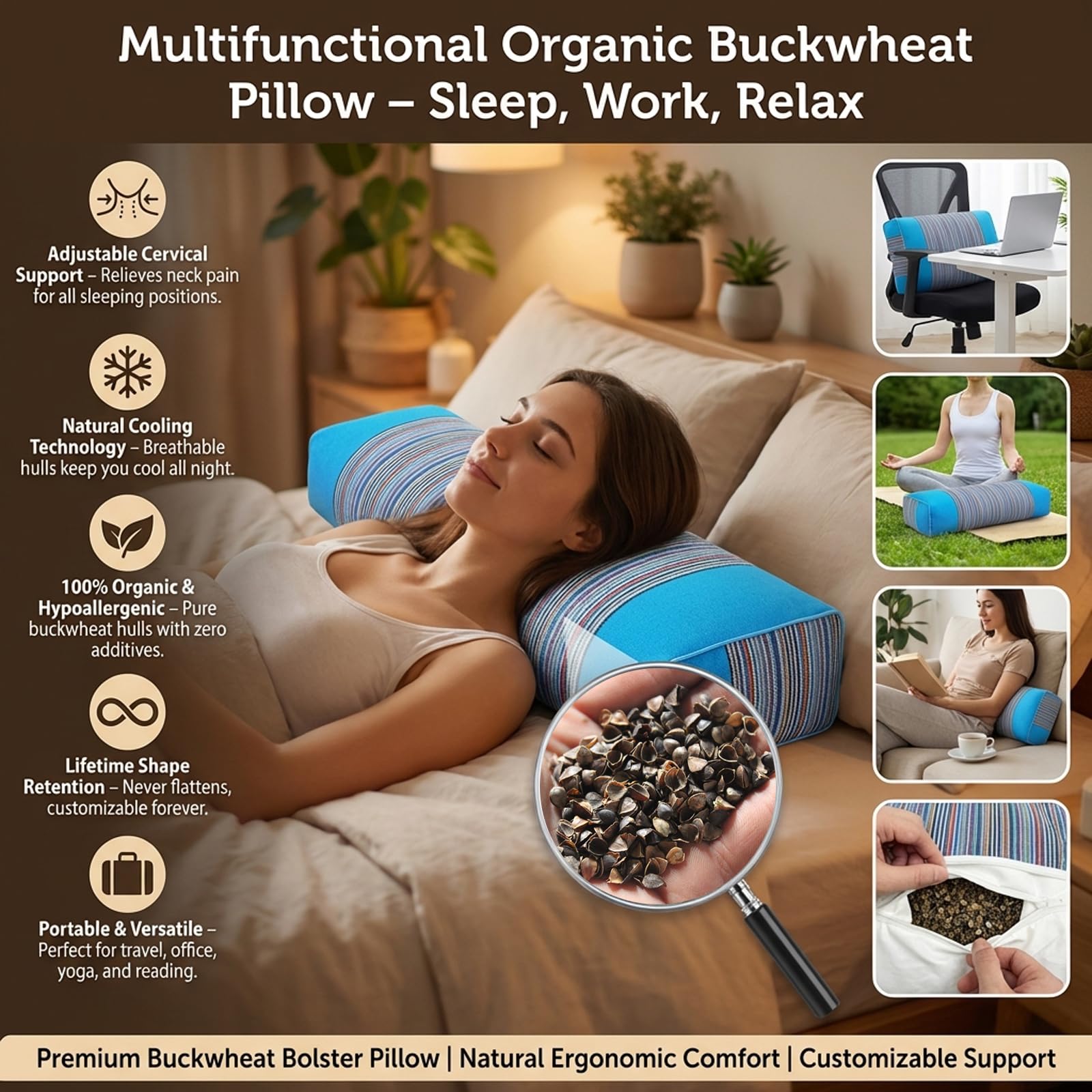 Poduszka z gryczanej łuski 100% organiczna, gruboziarnista. Poduszka z gryczanej łuski łagodzi ból szyjny i poprawia jakość snu (Niebieska)