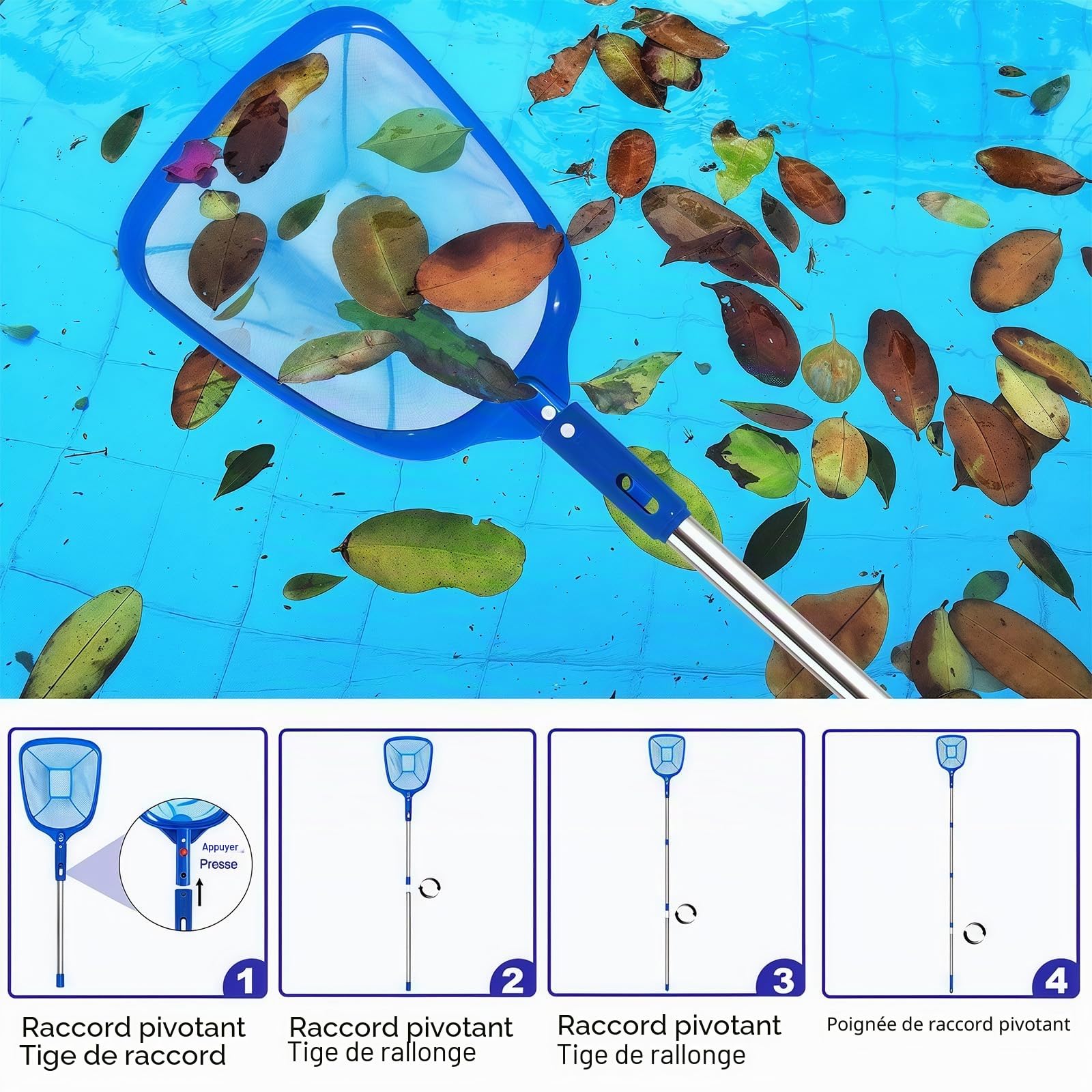 Épuisette Piscine 185 cm avec Manche Télescopique, Kit Nettoyage Piscine Maille Réglable