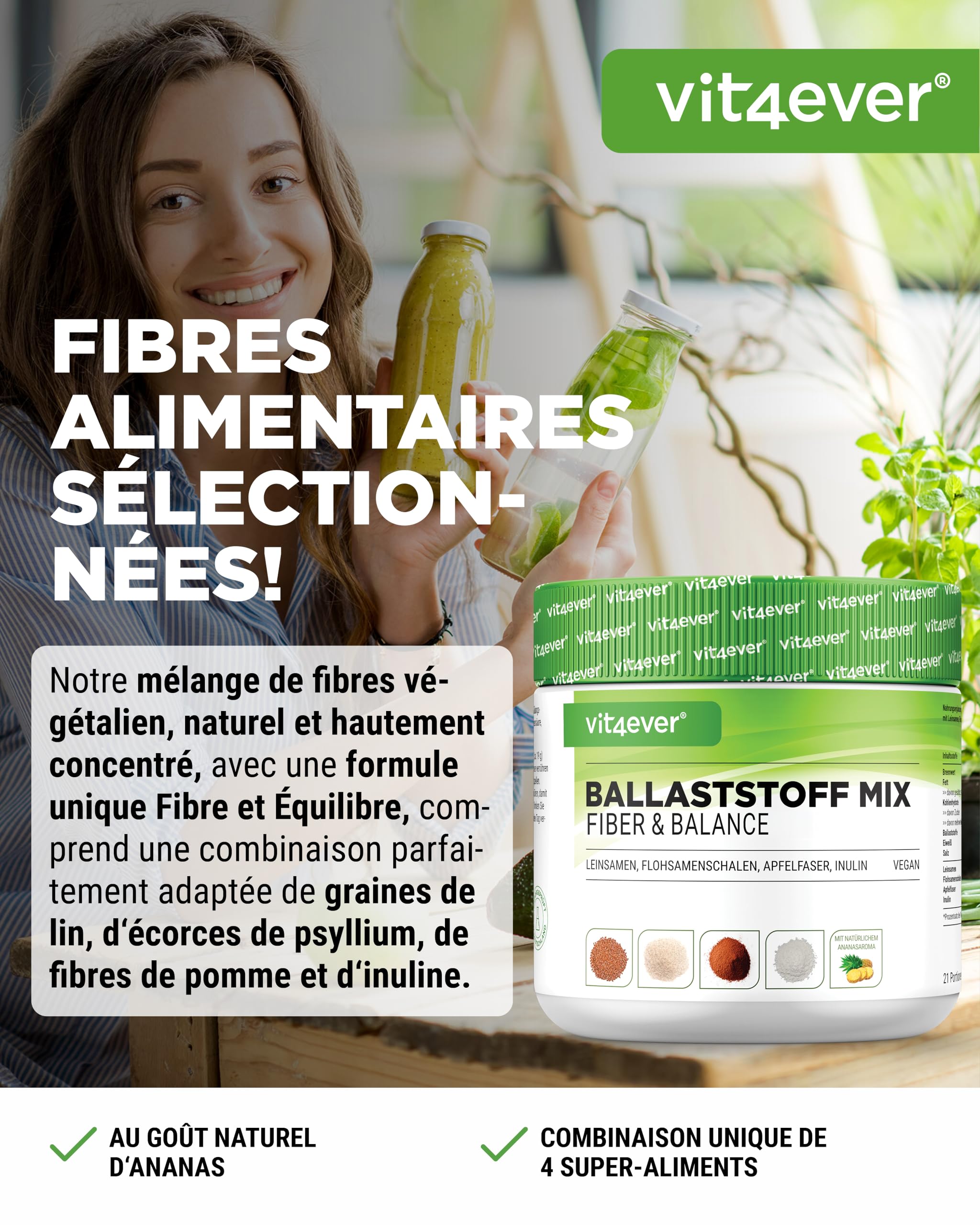 vit4ever Mélange de Fibres - 400 g de Poudre avec Téguments de Psyllium, Inuline (Prébiotique), Fibres de Pomme, Graines de Lin - Riche en Fibres - Végan - Arôme Naturel d’Ananas - Qualité Premium