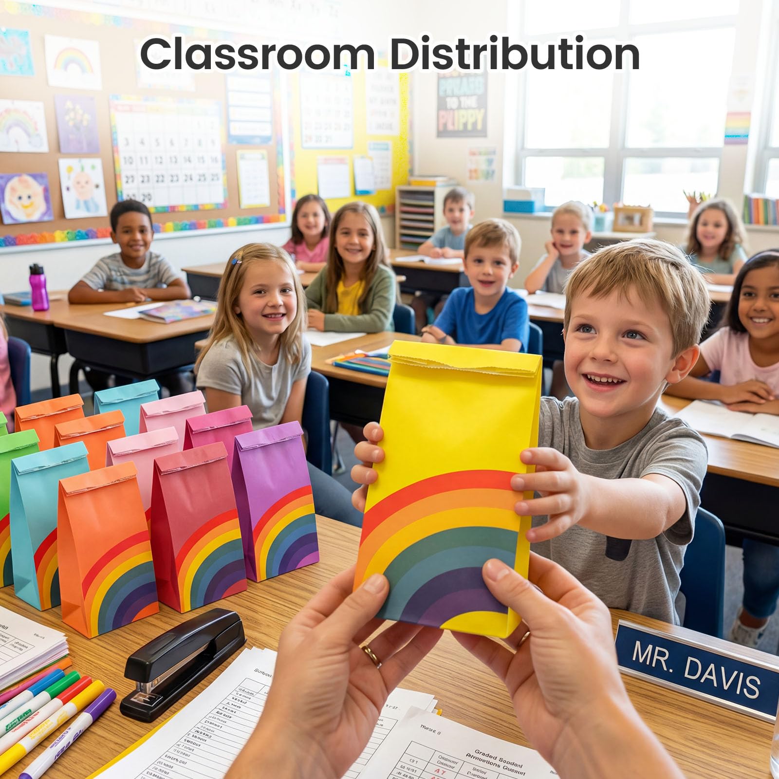 LovesTown 24 Pcs Rainbow Party Favor Bags with Stickers - 8.7"x4.7"x3.1" Colorful Goodie Treat Bags in 8 Vibrant Colors for Kids Birthday, Baby Shower, Wedding & Gift Packaging