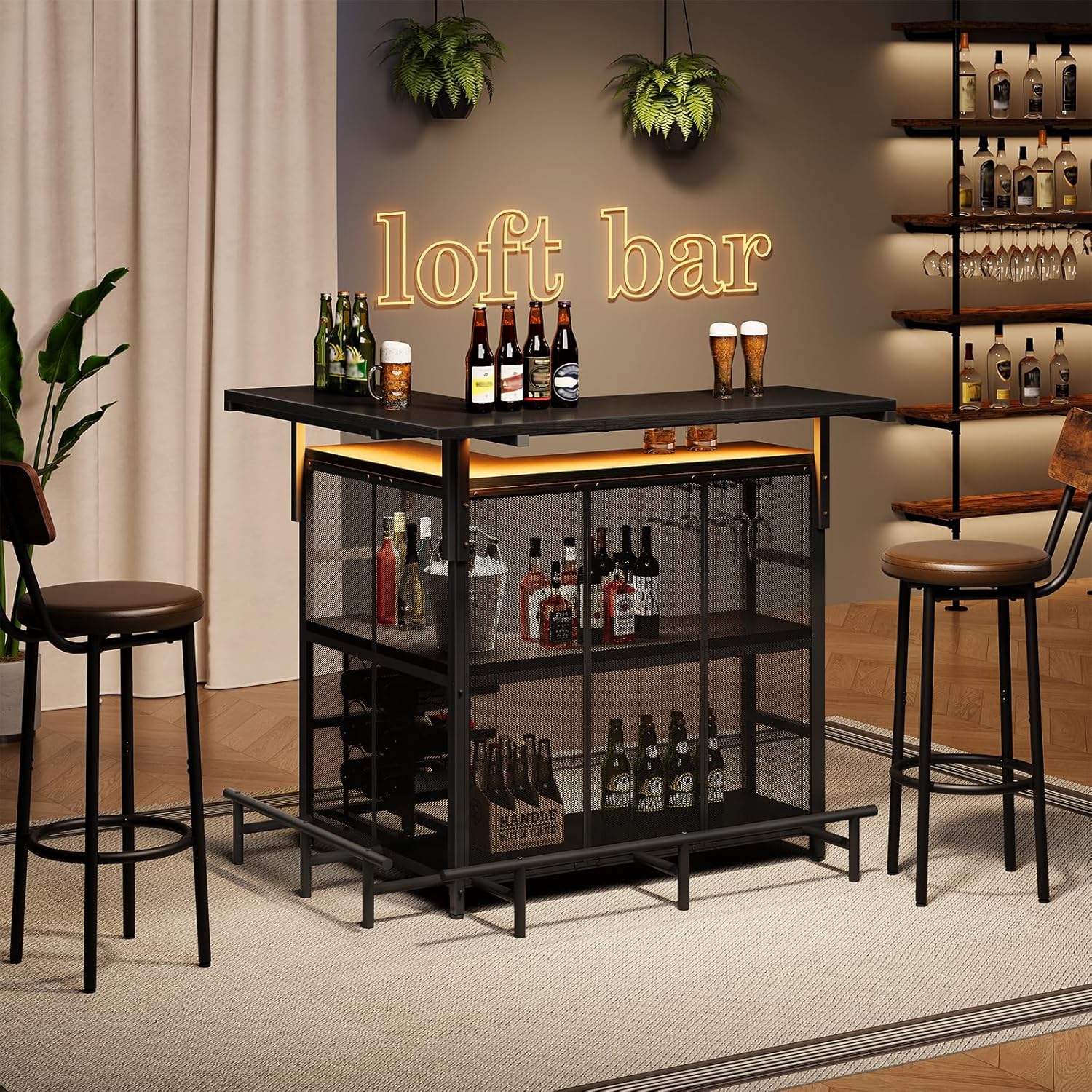 HOOBRO Home Bar Unit, L-Shaped Bar Table with Glasses Holder, and 4-Tier Shelves, Corner Mini Coffee Liquor Cabinet with Footrest,with LED Light APP Control for Home, Kitchen, Pub, Black BK129DBT01