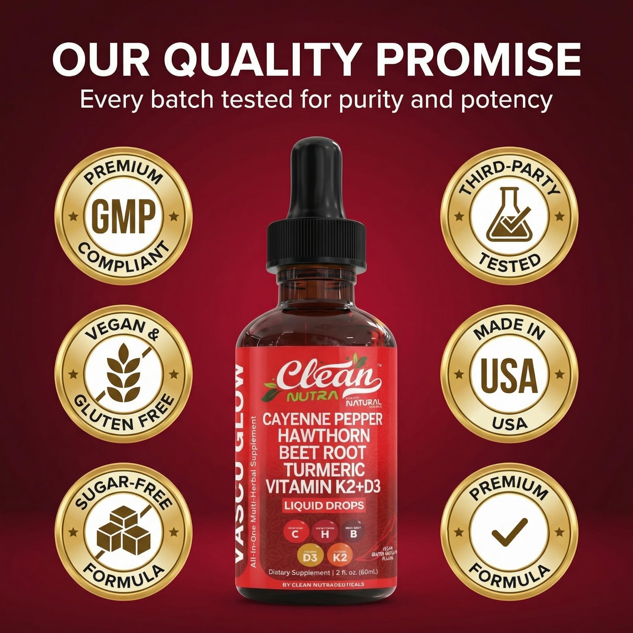 Clean Nutra Cayenne Pepper Drops Supplement Liquid + Hawthorn Berry, Vitamin D3 K2 Beet Root Powder, Ceylon Cinnamon, Turmeric Curcumin, Organic Panax Ginseng, Berberine Extract 1 Pack — Amazon image 7