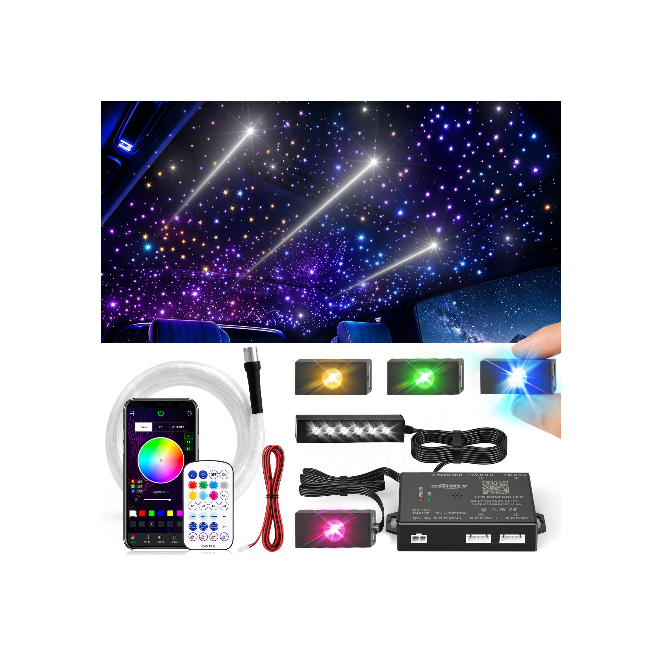 CHINLY 1200Pcs Split Starlight Headliner Kit, 4 Light Heads 0.02in 4.92ft+96Pcs Meteor RGBW Star Lights for Car, 16W Starlight Kit APP/Remote Control, Flexible Wiring for Car Roof Ceiling