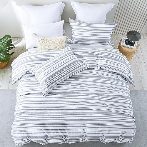 Miniatura 4 de CozyQQ Funda de edredón a rayas tamaño Queen, 100% algodón, funda de edredón blanca, ultra suave y ligera, con cierre de cremallera y 8 lazos