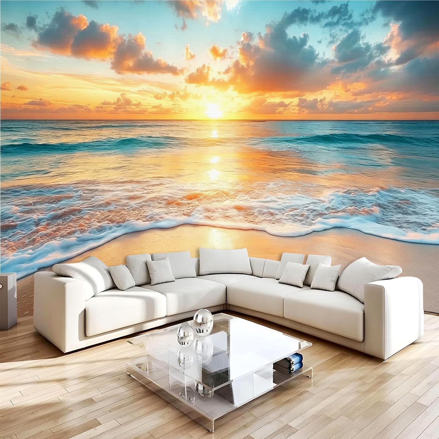 Papier Peint Panoramique 3D 400x280 cm Plage Non-tissé Murale Maison Décoration Intérieure Océan Vue Sur Le Coucher De Soleil pour Chambre Salon Mur TV Artistique Poster Décoration Murale 1M2669