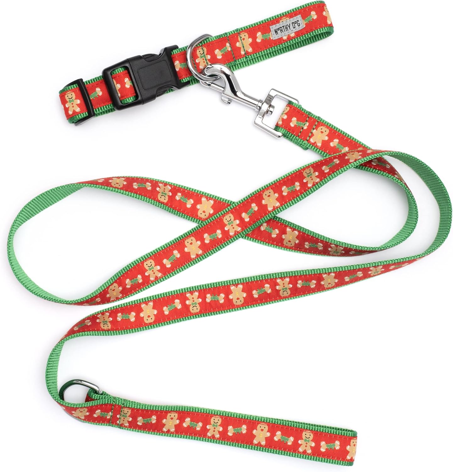 THE WORTHY DOG Collar for Medium Dogs, Adjusts 12-18 inches, Durable Nylon Webbing, Quick Release Buckle,Gingerbread Bones Pattern, Red, Medium