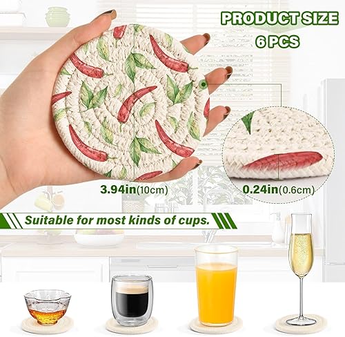 Miniatura 3 de innewgogo Red Hot Chili Pepper 6 Pcs Absorbent Drink Coasters for Tabletop Protection Handmade Round Woven Coaster with Holder & Heat Water