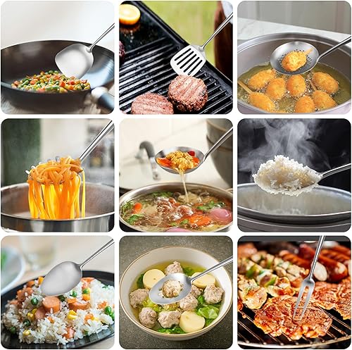 Miniatura 5 de Juego de utensilios de cocina de acero inoxidable 1810, 9 piezas de utensilios de cocina profesionales de metal con espátula wok, cucharón de sopa,