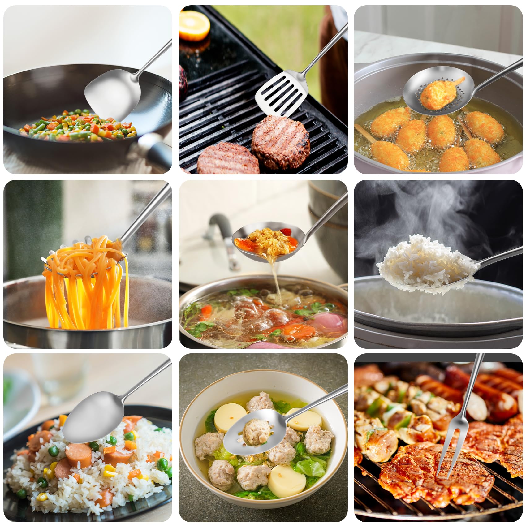 Küchenutensilien-Set aus 18/10 Edelstahl, 9-teilig, professionelles Kochutensilien-Set aus Metall mit Wok-Spatel, Suppenkelle, Schaumlöffel, Pfannenwender, Spaghetti-Löffel, großem Löffel