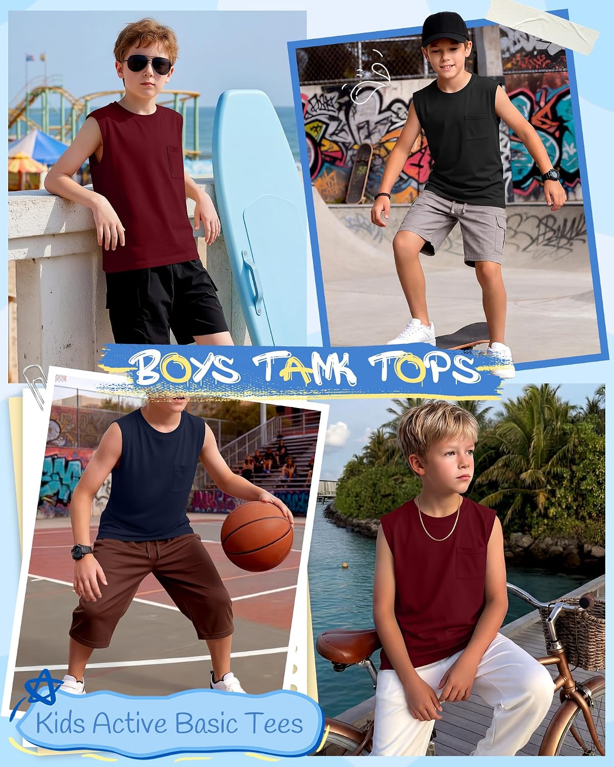 3 Pack Boys Tank Tops Sleeveless Tees