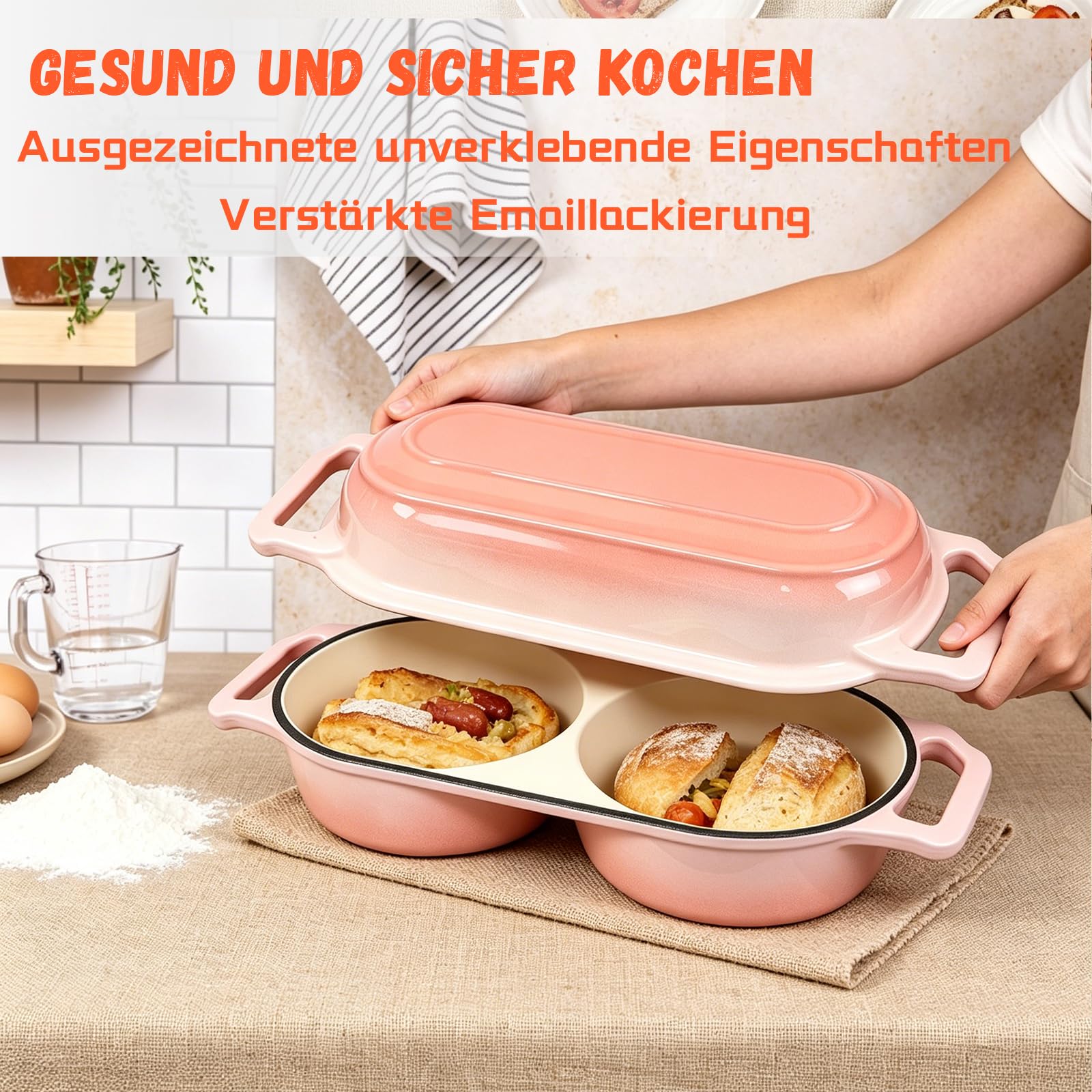 LINMAGCO Emaillierte Brotbackform aus Gusseisen, Brotbackform mit Deckel inkl, zwei runde Backfächer, Dutch Oven mit Deckel, Ofenfeste Handwerker Brotbackform, Gusseisen(Rosa)