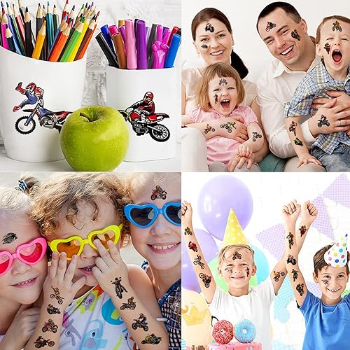 Miniatura 4 de 8 Sheets Dirt Bike Temporary Tattoos for Kids, Dirt Bike Birthday Party Supplies Racing Motocross Party favors for Kids Boys Girls Cool Motorcycle