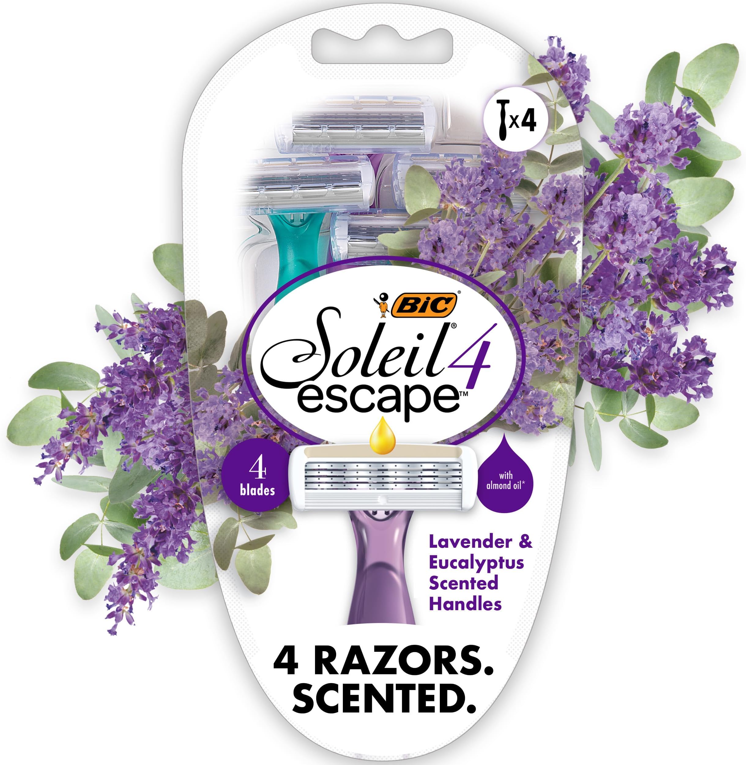 BIC Soleil 4 Escape Women's Disposable 4-Blade Razors, Lavender & Eucalyptus Scented Handles for Smooth Shaving, 4-Pack