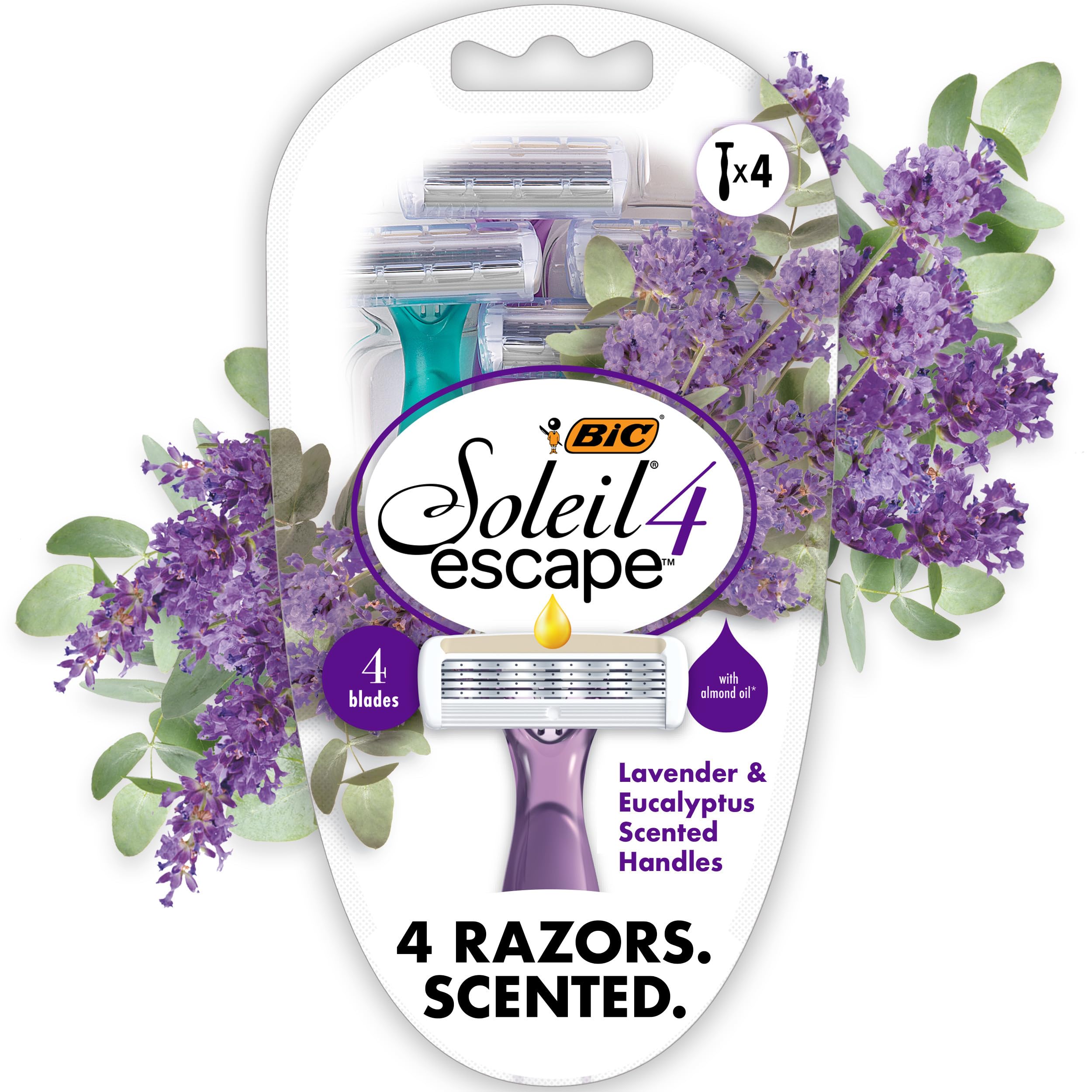 BIC Soleil 4 Escape Scented Women's Disposable Razors With 4 Blades, Comfortable Shave, Lavender & Eucalyptus Scented Handle Shaving Razors for Women, 4 Count