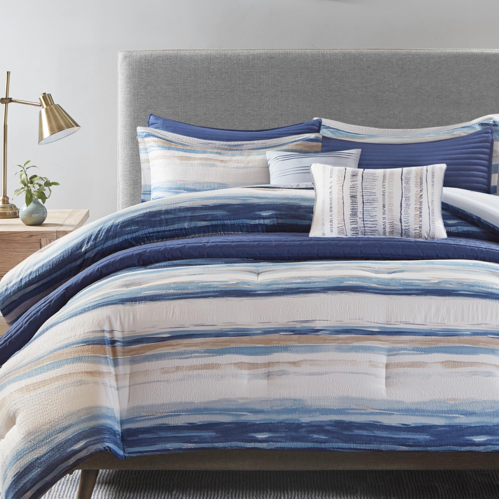 Marina Comforter Quilt Combo Set - Modern Luxury Design, All Season Down Alternative Bedding, Matching Shams, Decorative Pillows, Full/Queen(90"x90"), Seersucker Blue 8 Piece