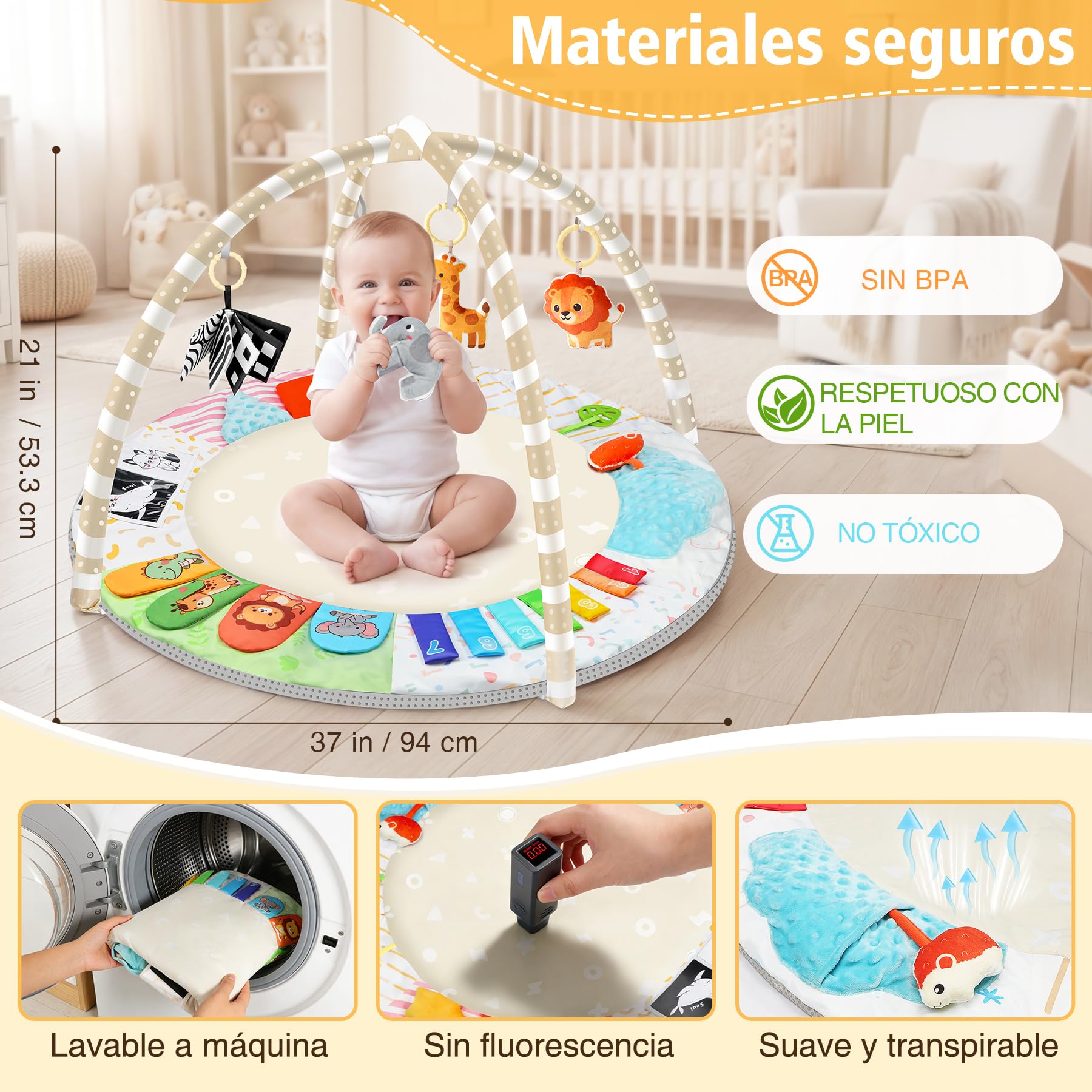 URMYWO Tapete Actividades Bebé, Alfombra Juegos Bebé con Arco Desmontable y 5 Juguetes Extraíbles, Estimula 6 Sentidos y Motricidad,Gimnasio Bebé Tummy Time 0-18 Meses,Juguete Ideal para Niña o Niño