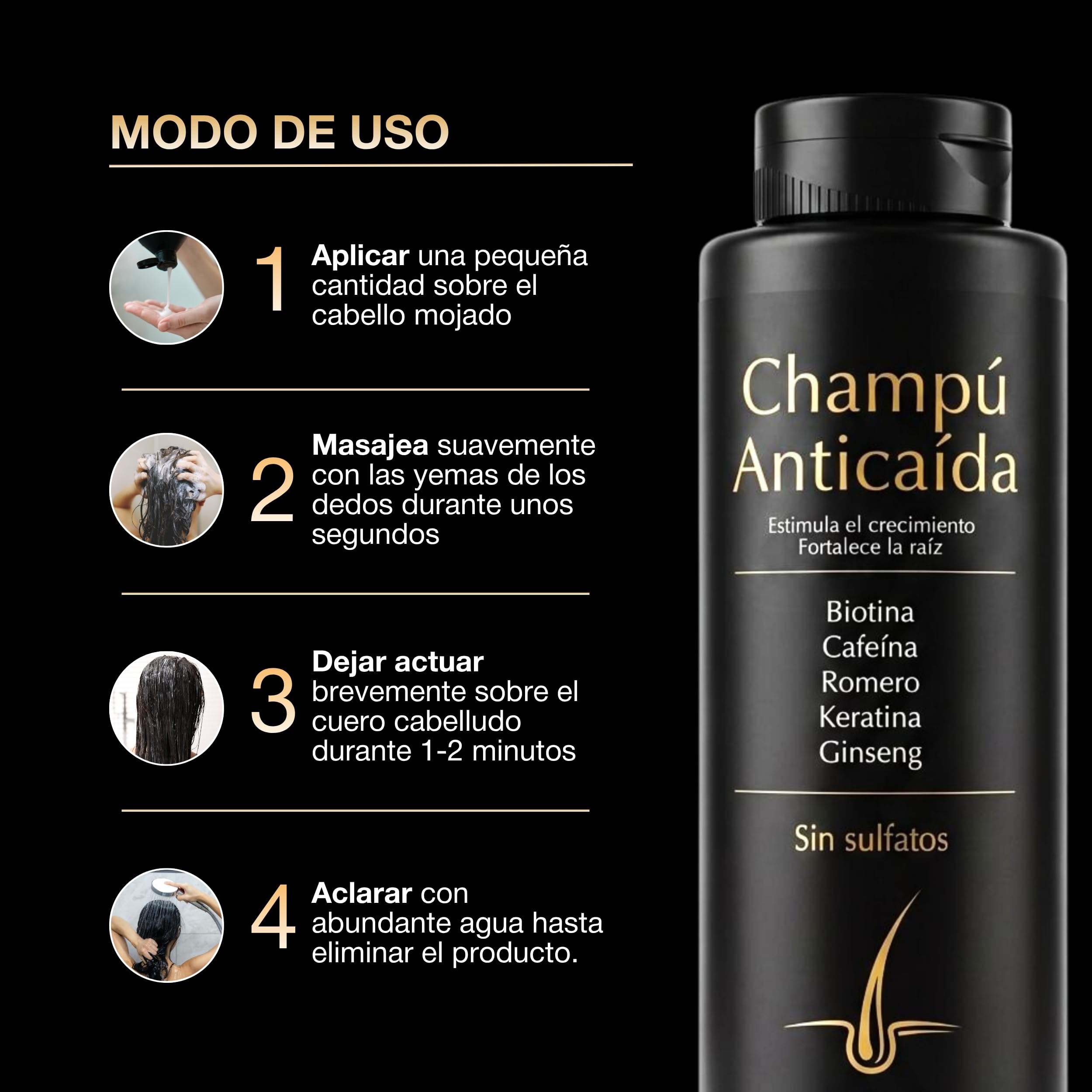 Champu Anticaida Hombre y Mujer 400ml | Formula Completa de Champu Cafeina + Biotina + Ginseng + Vitaminas Para el Pelo | Estimula el Crecimiento, Fortalece la Raíz | Sin Sulfatos | Uso Diario — view 5