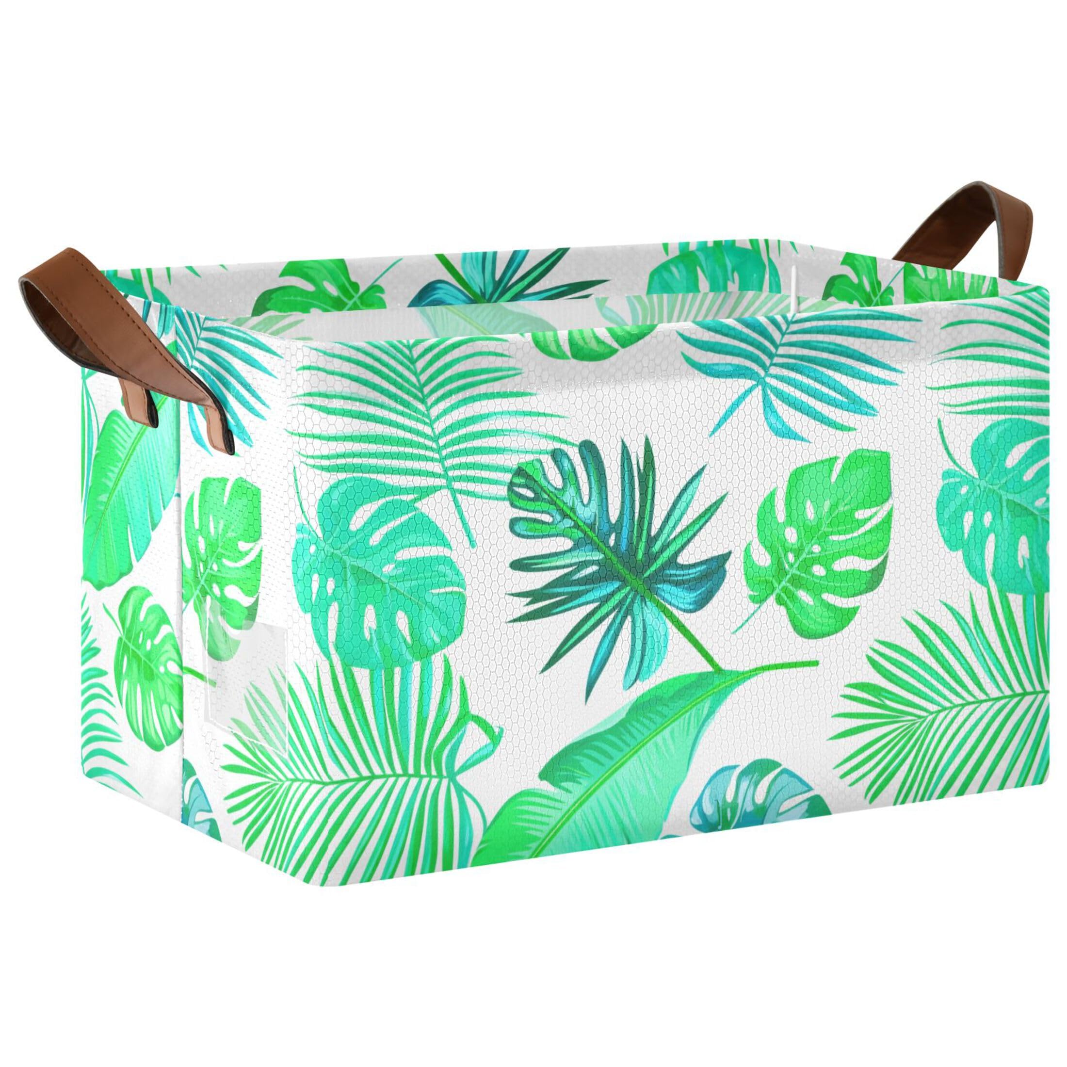 Kutsu Tropical Leaves Foldable Storage Basket Collapsible Bin With Handles For Shelves