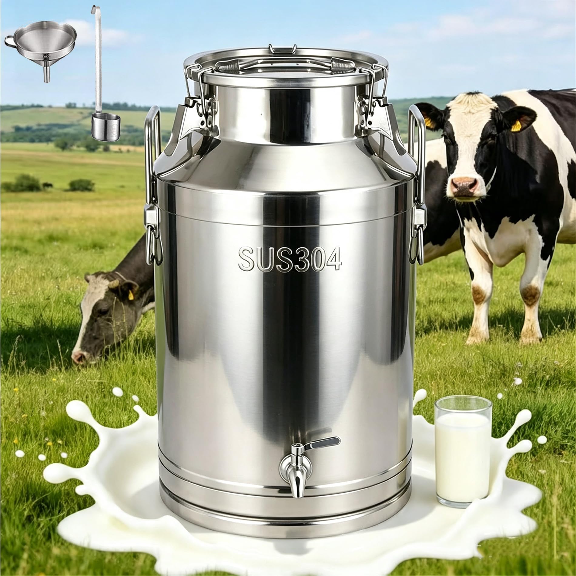 Edelstahl Behälter mit Hahn, Wasser Kanister, Aufbewahrungsbehälter für Öl, mit Trichter und Löffel Dickwandiger Dichter Frischhaltebehälter, für Milch, Wein, Bier, Mehl, Kaffee, Zuck