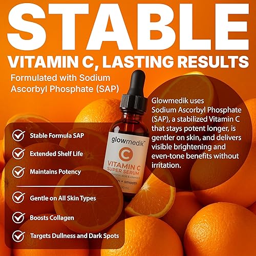 Miniatura 3 de GlowMedik Suero de vitamina C para la cara ilumina y suaviza la cara con ácido hialurónico, vitamina E y MSM, hidrata y reafirma la piel opaca o