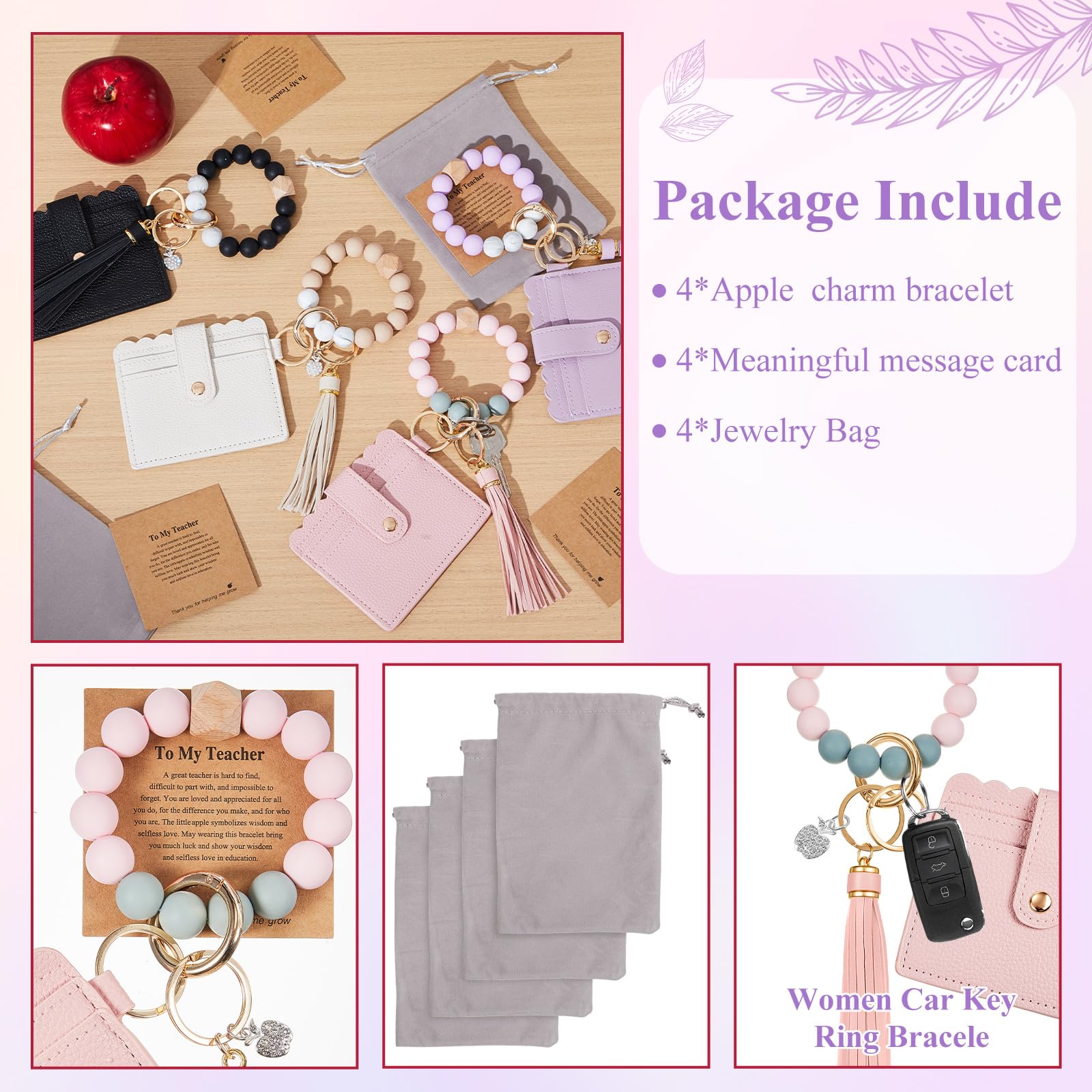 Landical 1/4/6 Set Teacher Appreciation Gift Bulk Wristlet Keychain Bracelet for Women Car Key Chain Thanks Card Giit Bags