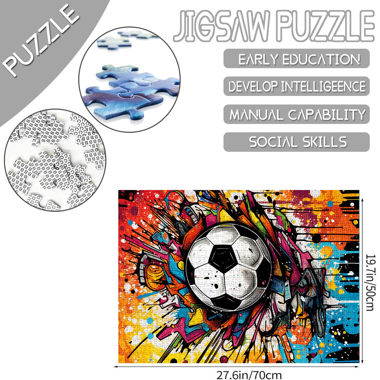 Soccer 1000 Piece Jigsaw Puzzles for Adults Graffitic Football Painting Jigsaw Puzzle Ball Sport 1000 Pieces Puzzles Black White Ball DIY Craft Magic Puzzle Art Bedroom Decor Man Cave Gift(Colorful) - Image 2