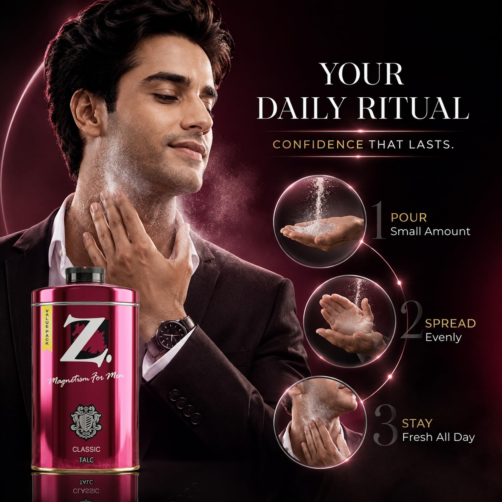Z Magnetism Classic Talcum Powder for Men 250g | Woody & Musky Fragrance | Fights Body Odor | Long Lasting Freshness | Silky Smooth Deodorizing Talc | Suitable for All Skin Types | Daily Wear Talc 4