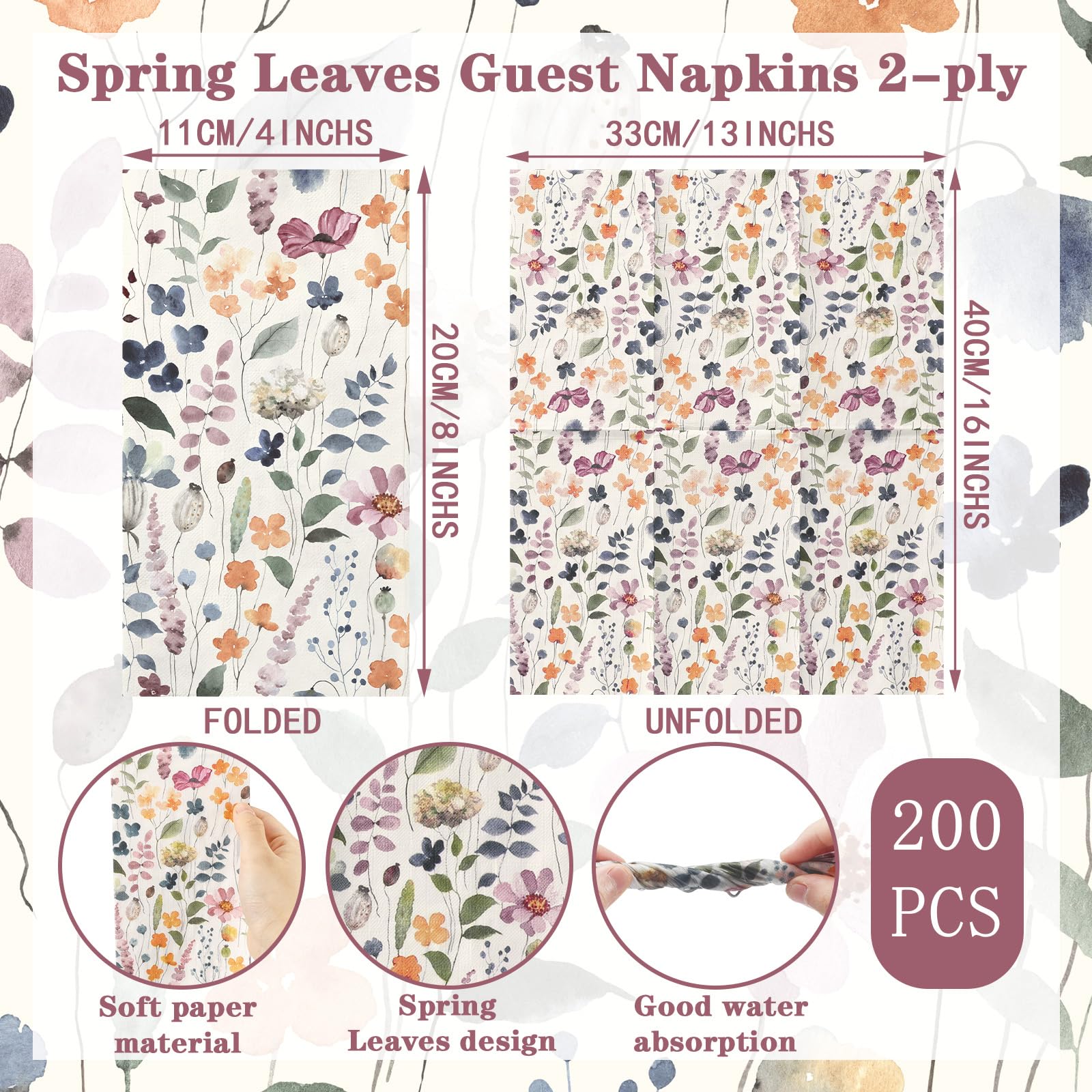 Seajan 200 servilletas de papel florales para invitados, toallas de mano desechables para baño, toallas de papel desechables para invitados, servilletas para primavera y verano, boda, baño, cumpleaños