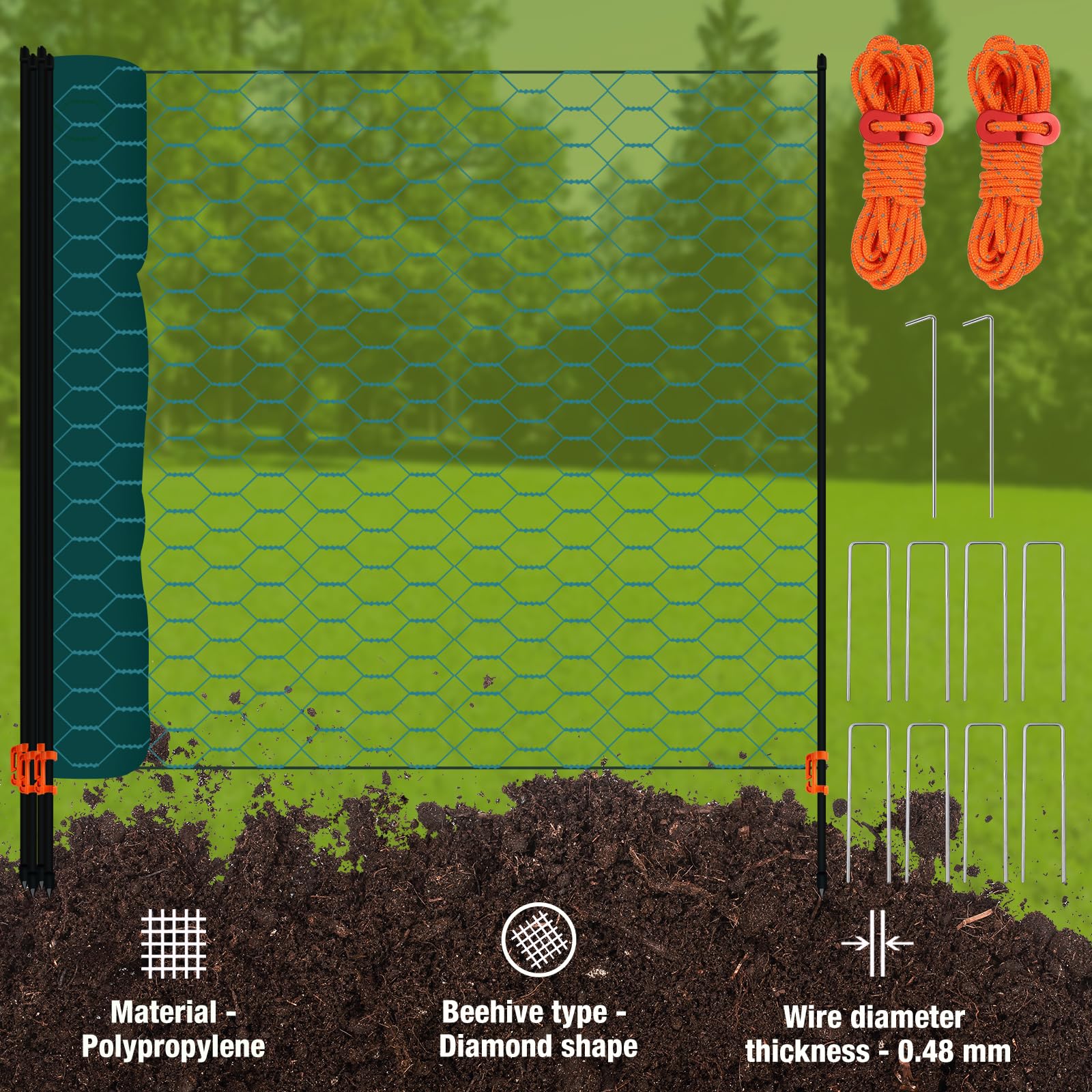 Begrenzungszaun/Maschendrahtzaun mobiler Hühnerzaun & Hundezaun, 120 cm, Kunststoff beschichtet, Geflügelzaun Set, 15 m / 25 m / 30 m, Steckzaun mit Fiberglaspfosten für Garten & Tiergehege