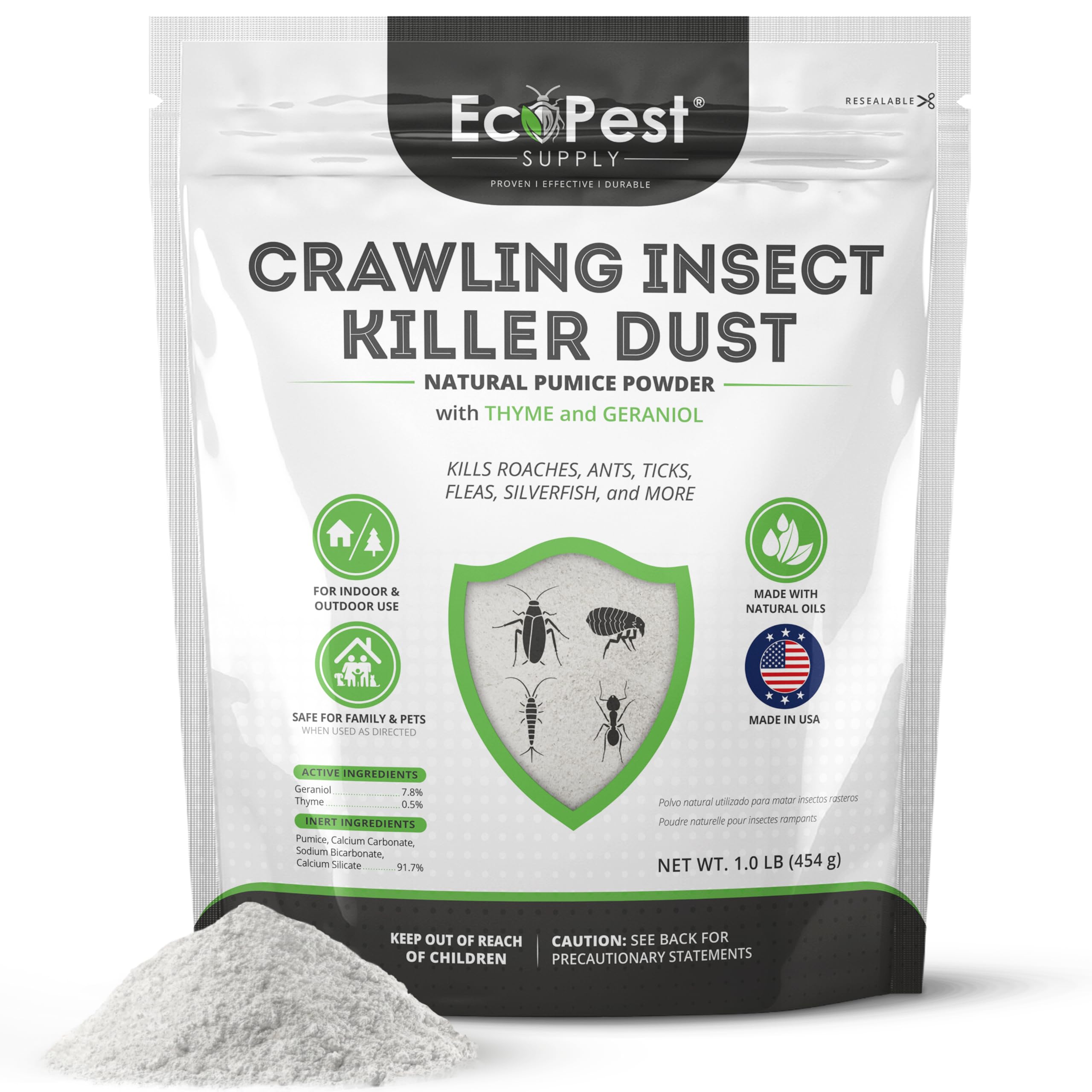 Crawling Insect Killer Dust, 1 lb. | Natural Repellent and Killer for Silverfish, Roaches, Ants, Ticks, and Fleas | Home Pest Powder for Indoor and Outdoor Perimeter | Low Odor and Non-Staining