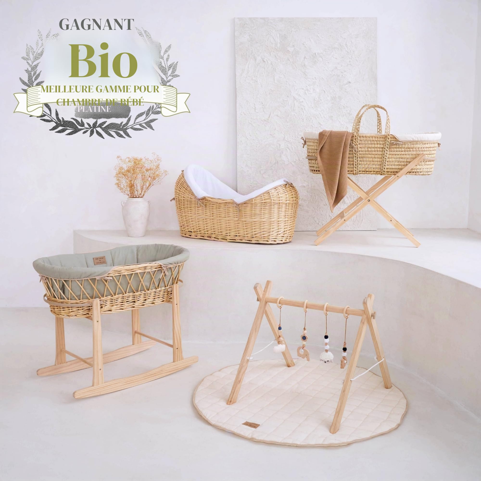 Clair de Lune Couffin en palmier bio et support à bascule naturel | Couffin pour bébé primé | Panier en palmier, pansement bio, matelas en bambou, drap de couffin | Essentiels pour nouveau-né | (crème