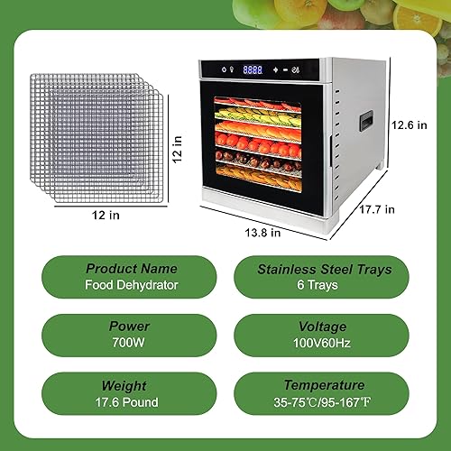 Miniatura 3 de Wixkix Commercial Food Dehydrator Machine, 6 Stainless Steel Trays Dehydrators for Food and Jerky, Electric Fruit Dryer Dehydrator, 24H Timer
