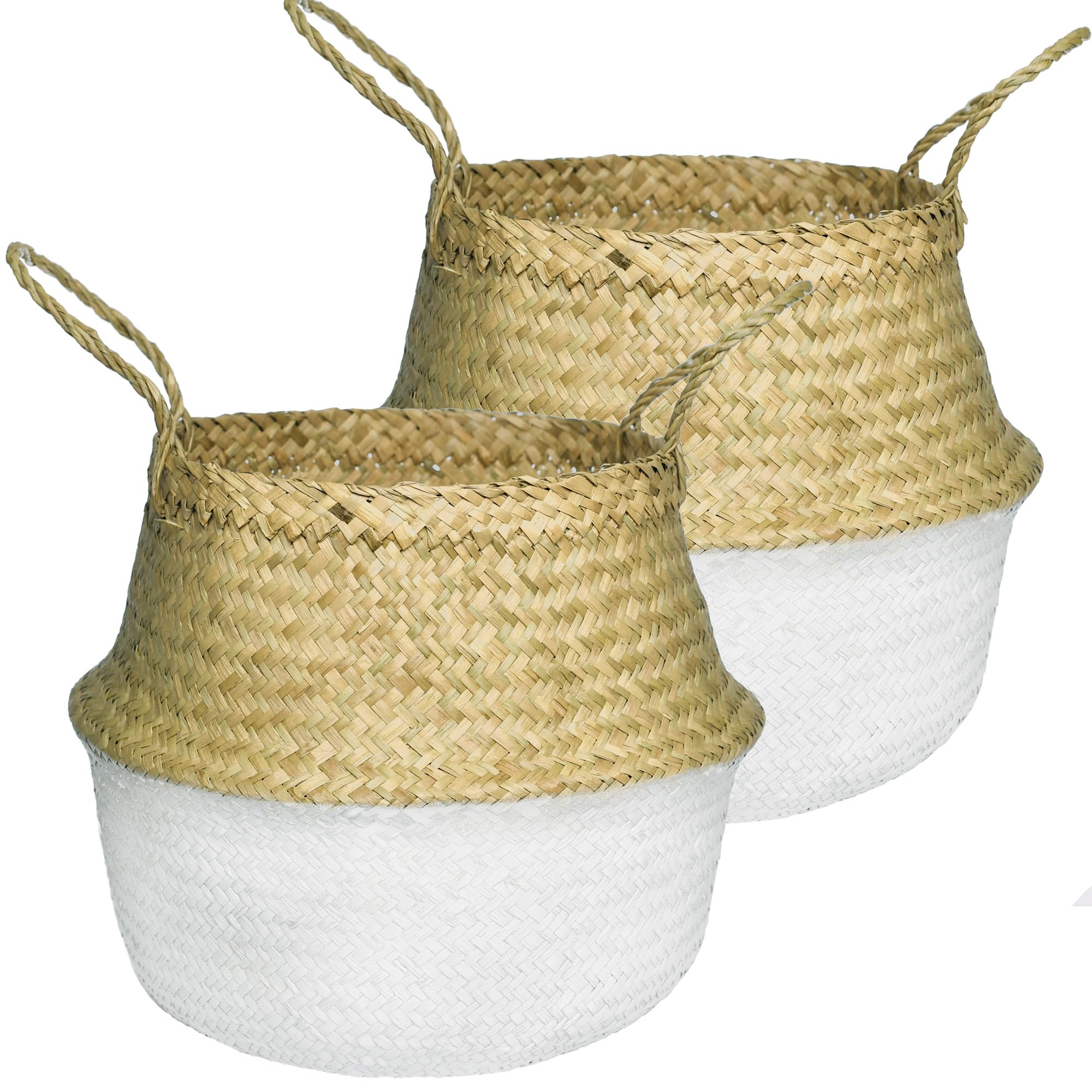 2 PACK LiloCraft Seagrass Plant Basket (Size: 9x8 inches, Pattem:White Bottom) Home Decor Storage Solution with Eco-Friendly, Woven Basket Planter Indoor with Handles, Round Boho Plant Pot