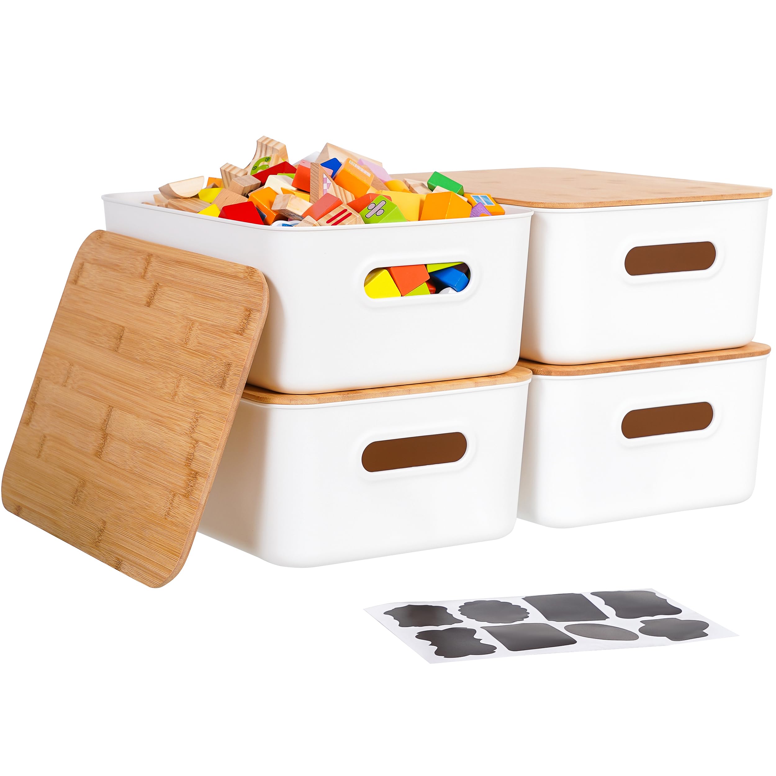 Citylife Storage Bins with Bamboo Lids 16QT Plastic Storage Containers Stackable Organizer Boxes with Handle for Desk Snacks, Toys, 4 PCS, 15" L x 10.6" W x 5.8" H Large 4 Pack