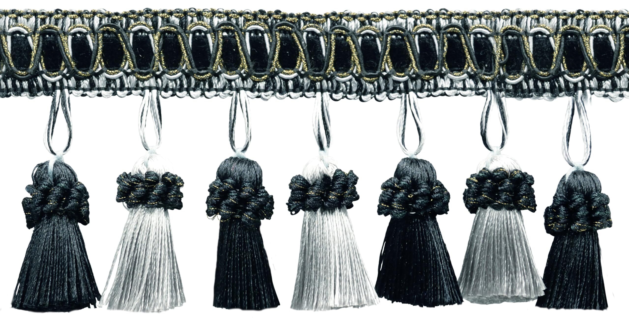 Frange à glands 76mm de style rétro noir et gris pour projet couture