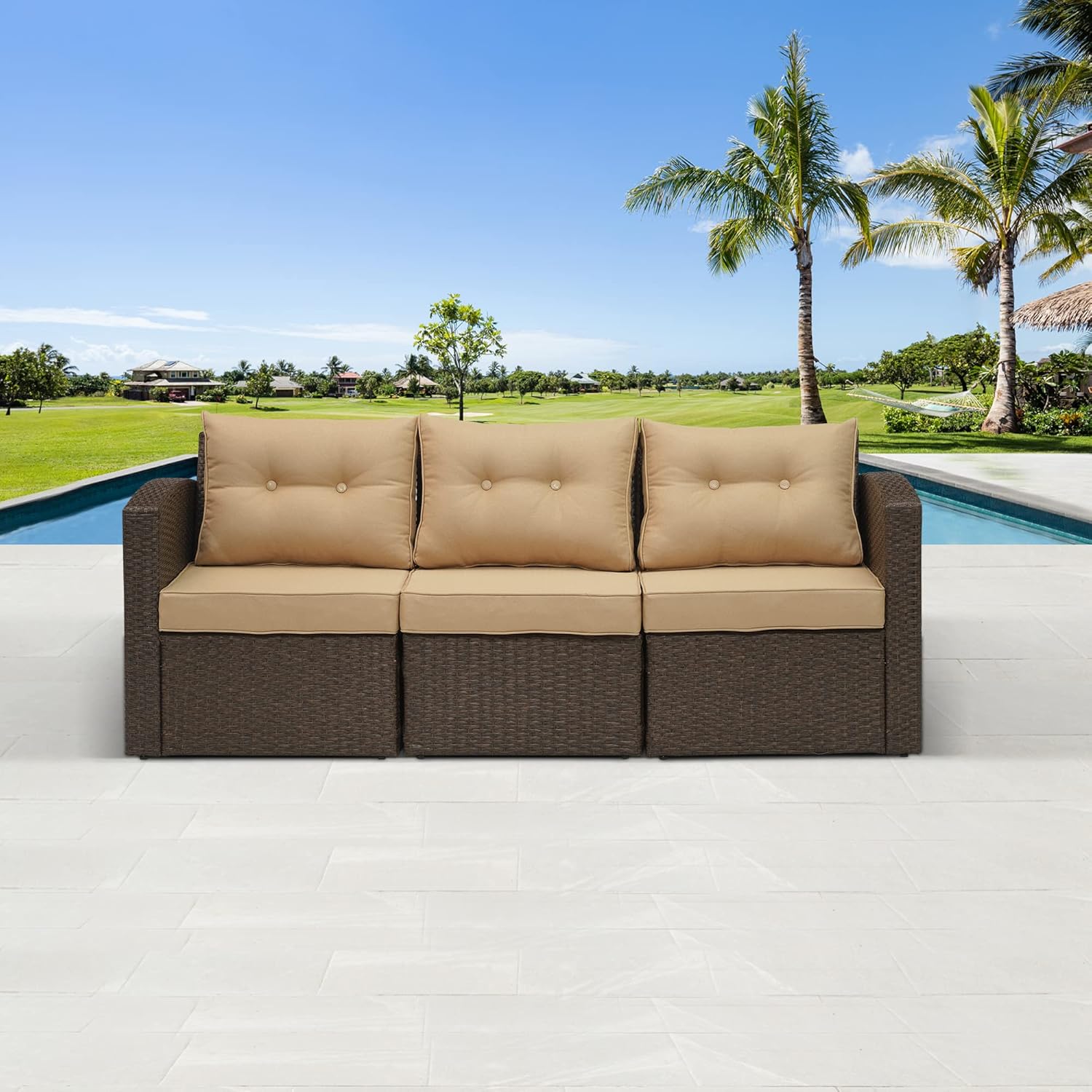 SUNVIVI OUTDOOR Patio Couch Sofa,3Seat Outdoor Wicker Brown Rattan Sectional Couch
