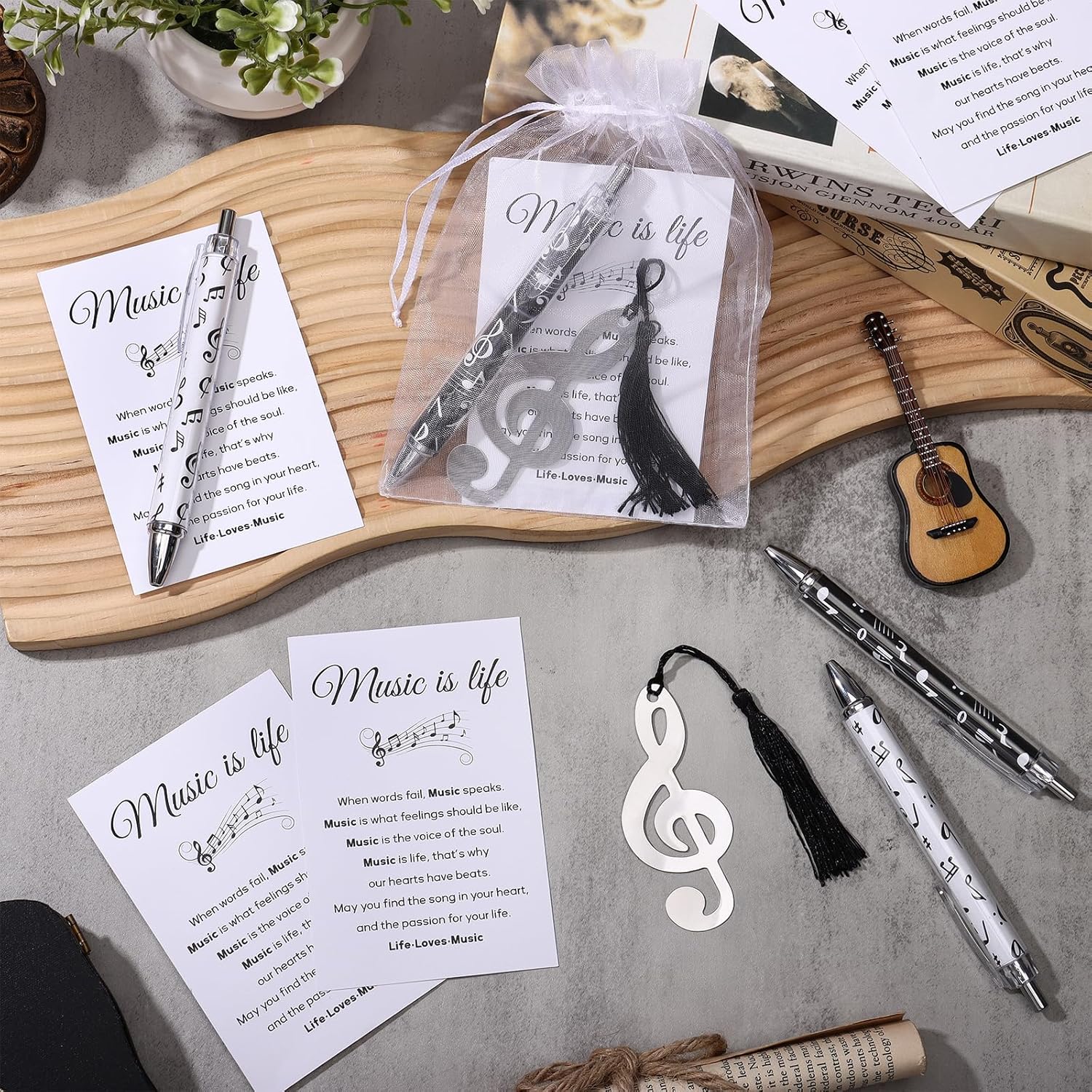 20 Sets Music Themed Gifts Including Ball-Point Pen, Thank You Card, Note Bookmark White Organza Bag Musical Theme Appreciate Gift Pack Music Gifts for Students Teachers Music Lovers - Image 4